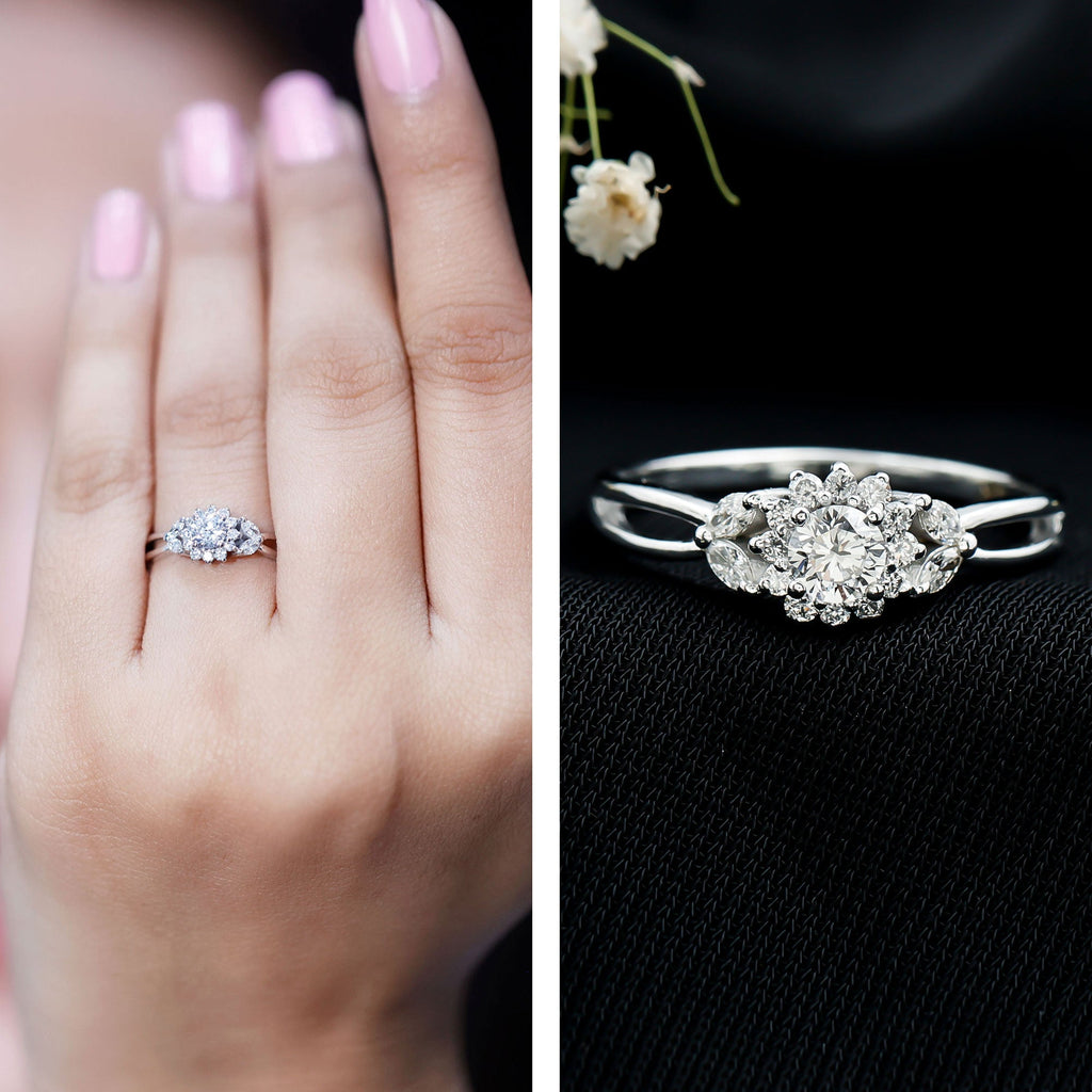 Diamond Flower Engagement Ring with Split Shank