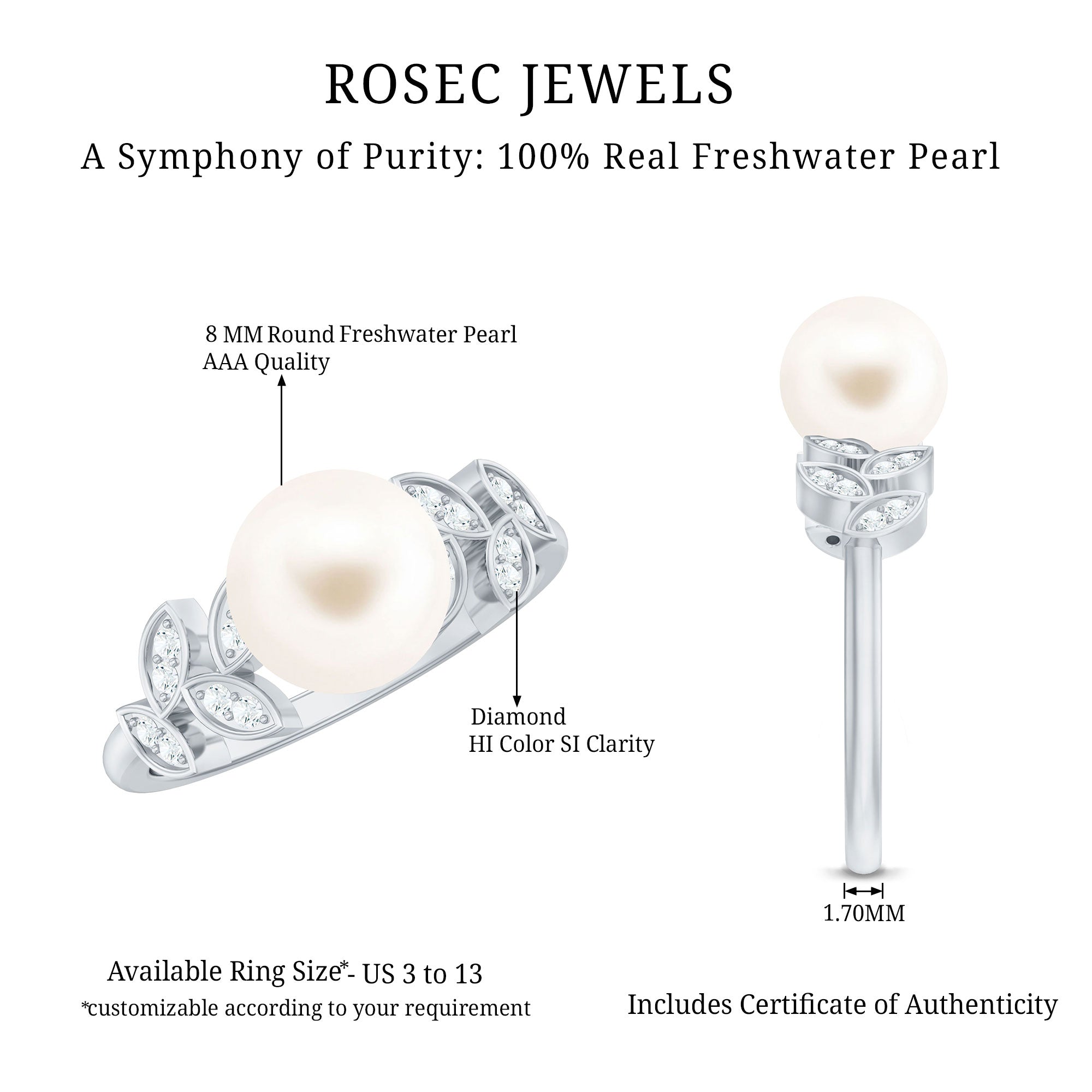 Freshwater Pearl Solitaire Engagement Ring with Diamond Leaf Shank