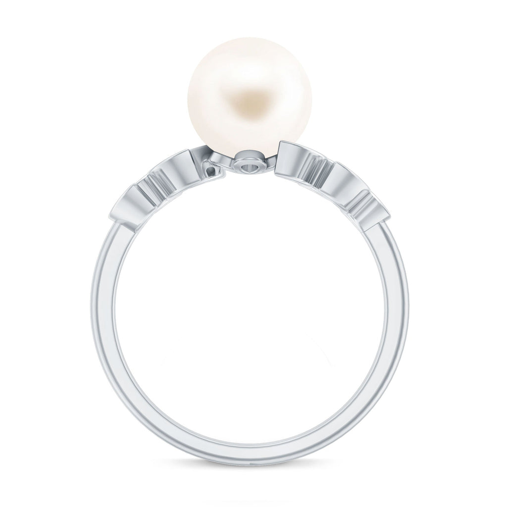 Freshwater Pearl Solitaire Engagement Ring with Diamond Leaf Shank