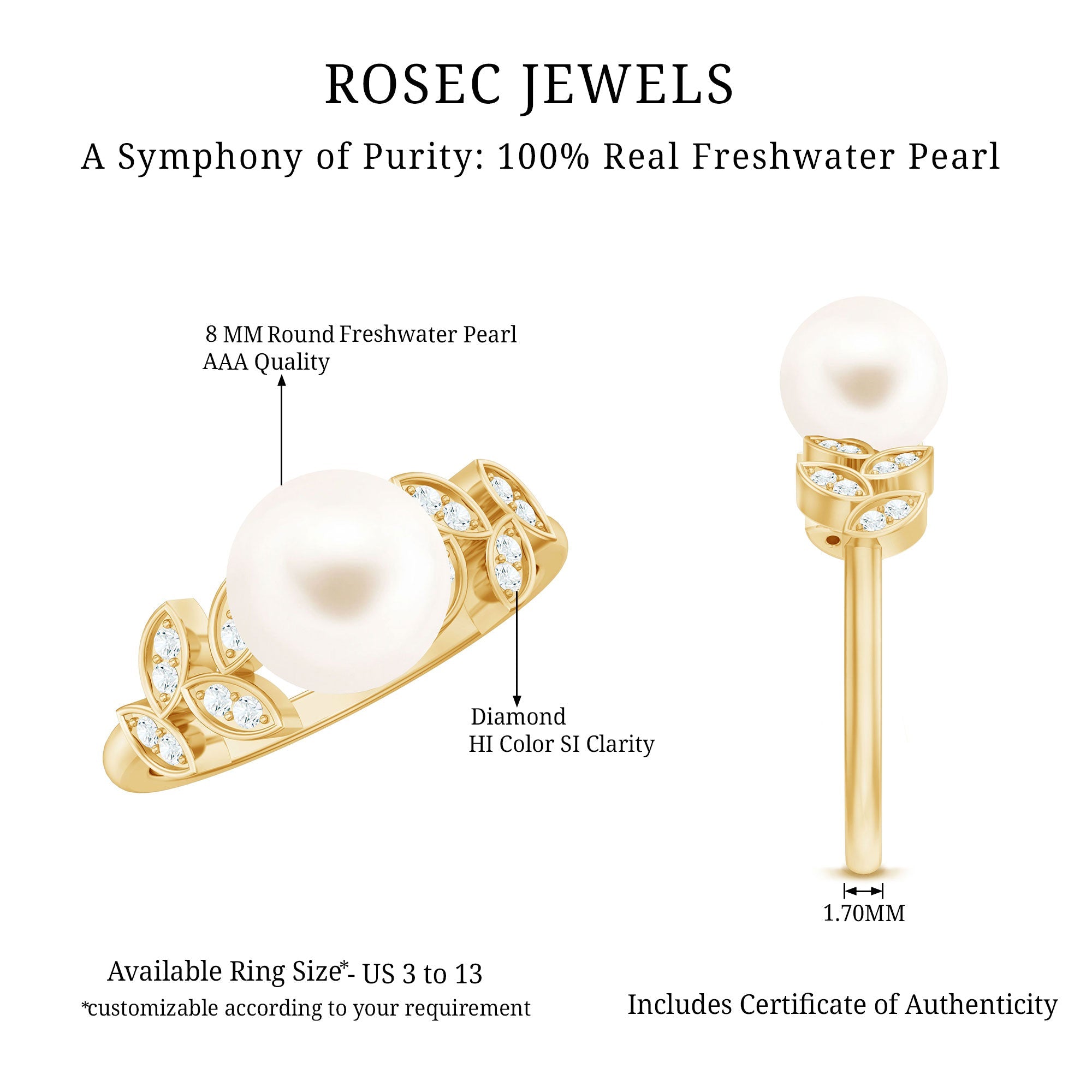 Freshwater Pearl Solitaire Engagement Ring with Diamond Leaf Shank