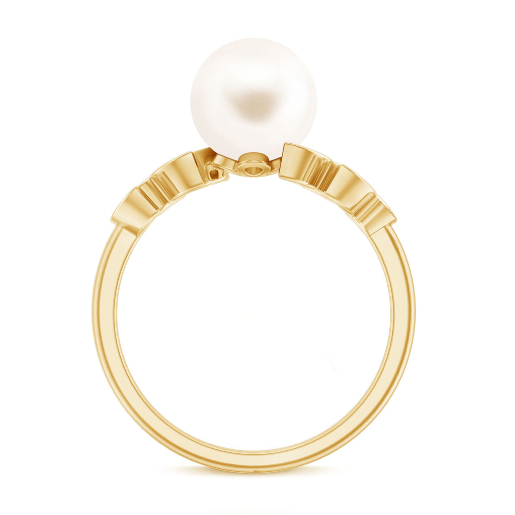Freshwater Pearl Solitaire Engagement Ring with Diamond Leaf Shank