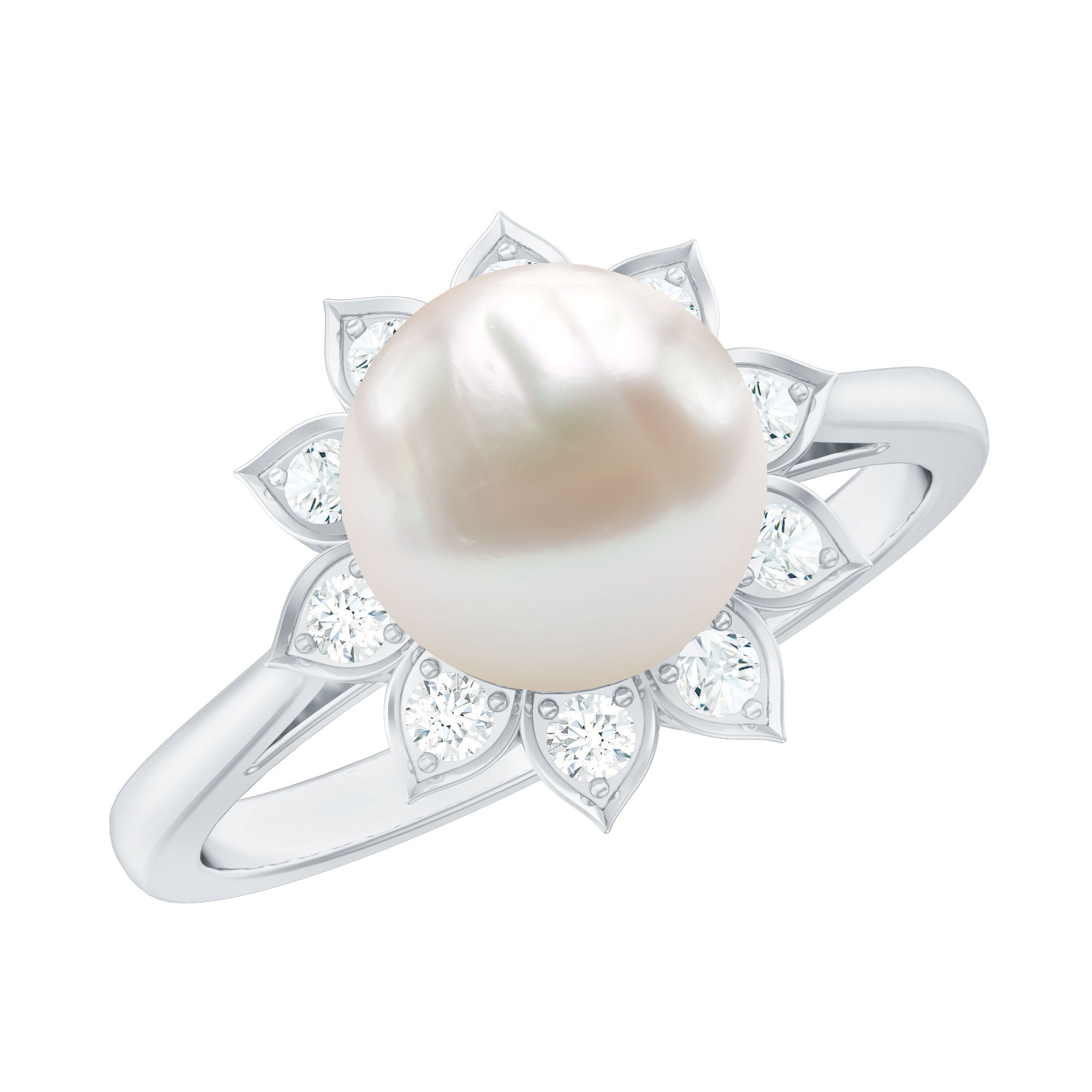 Natural 7.4 Carat Freshwater Pearl Flower Engagement Ring with Diamond