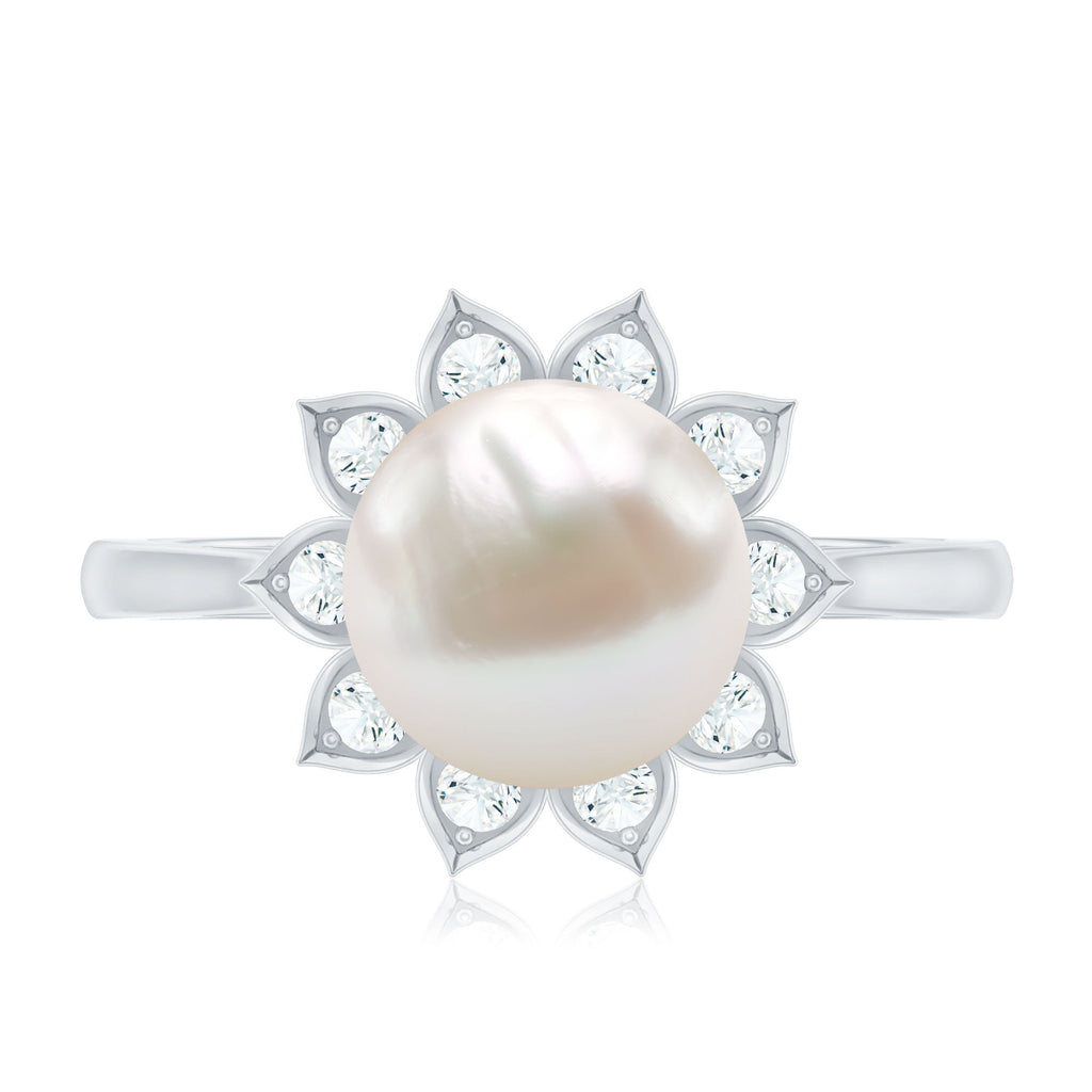 Natural 7.4 Carat Freshwater Pearl Flower Engagement Ring with Diamond