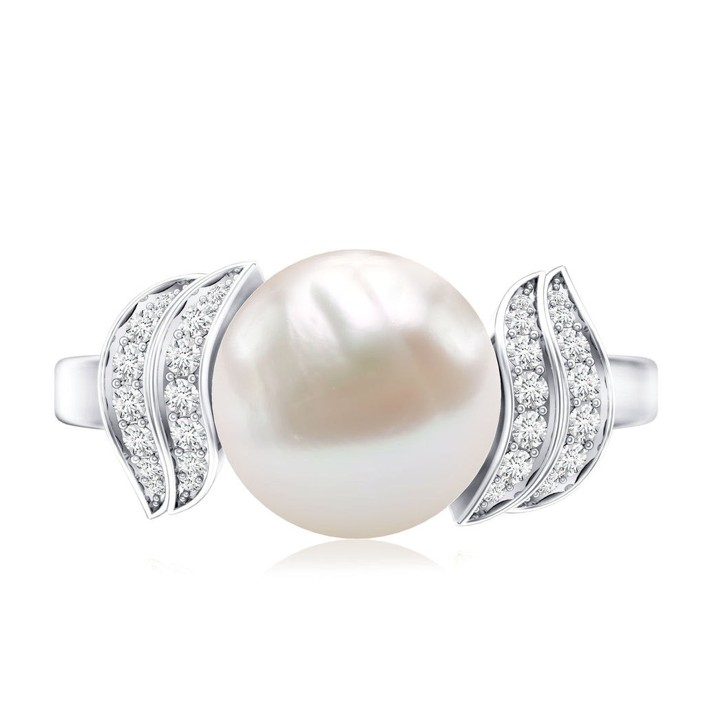 Real 8 Carat Freshwater Pearl Engagement Ring with Diamond for Women