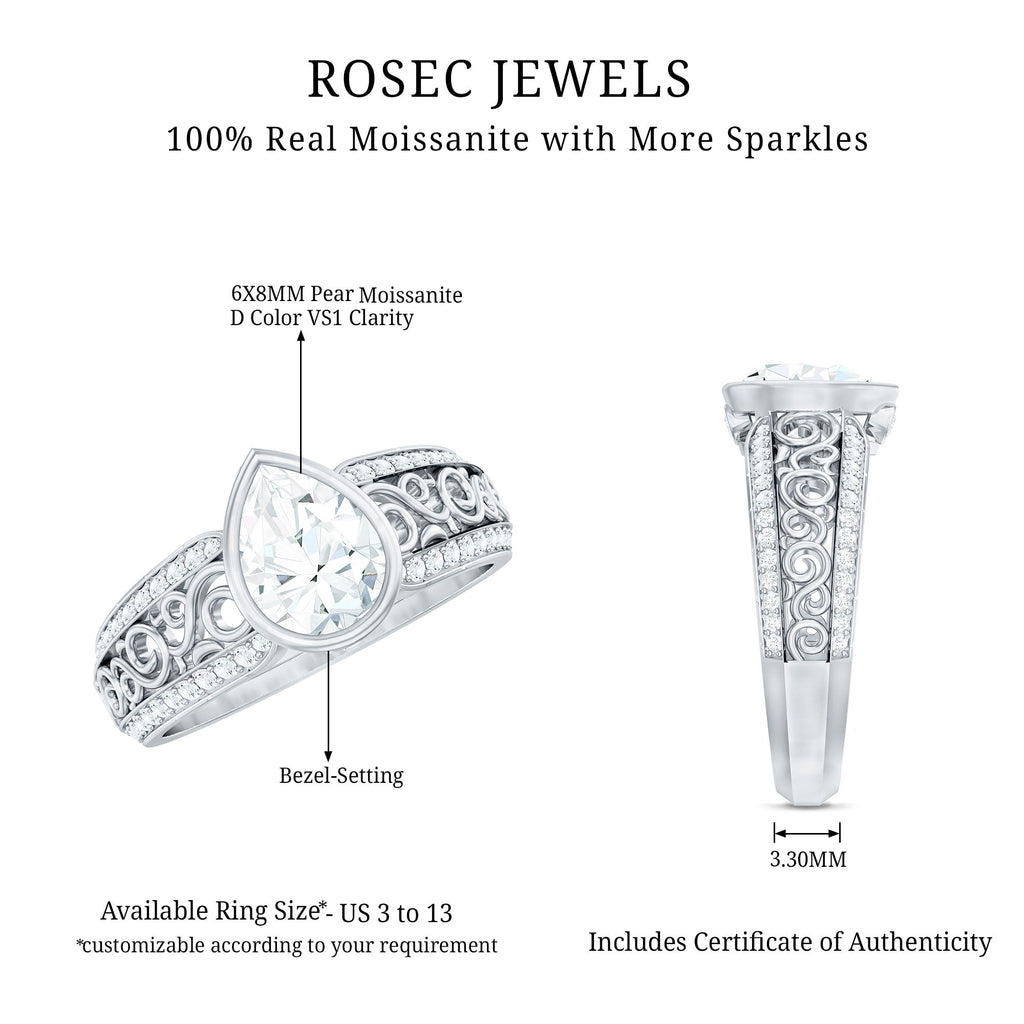 Bezel Set Moissanite Pear Engagement Ring with Filigree Details