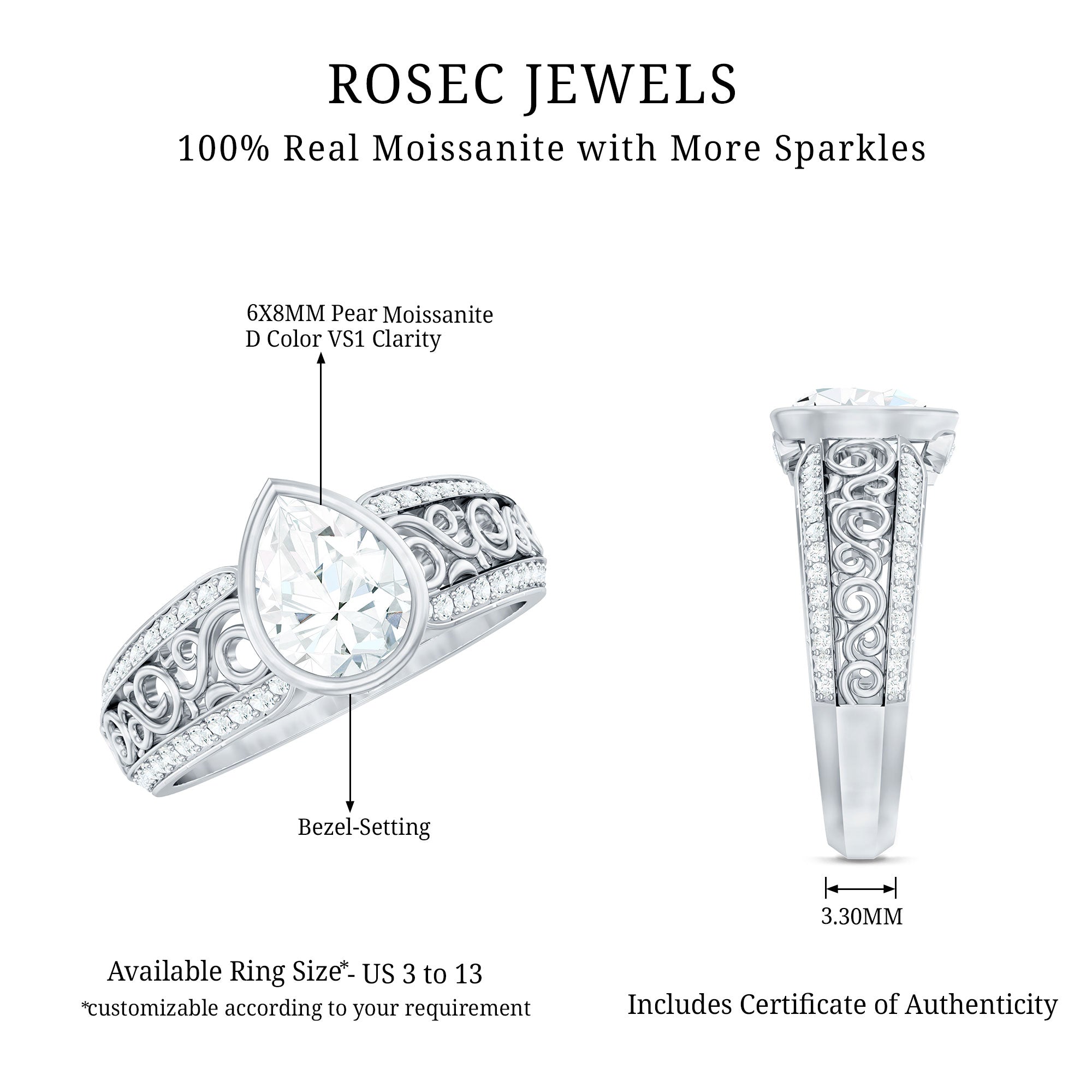Bezel Set Moissanite Pear Engagement Ring with Filigree Details