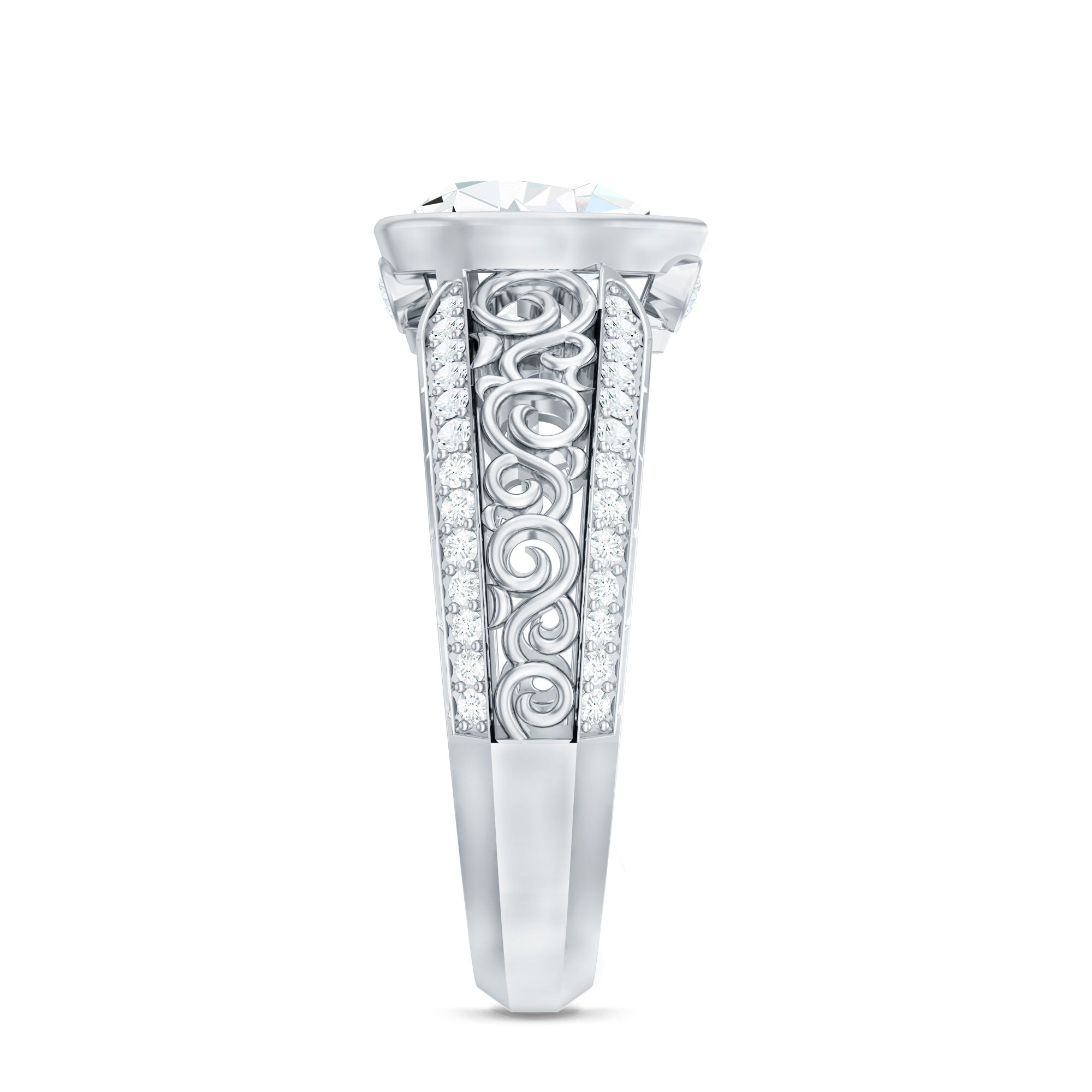Bezel Set Moissanite Pear Engagement Ring with Filigree Details