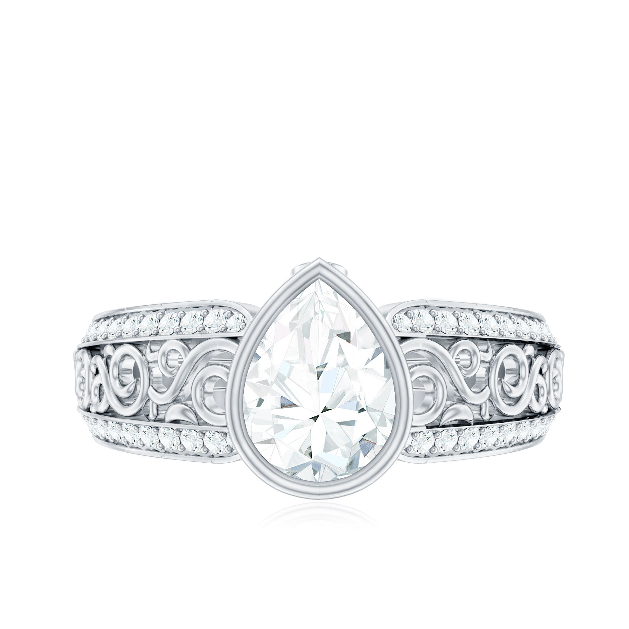 Bezel Set Moissanite Pear Engagement Ring with Filigree Details
