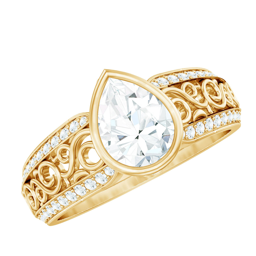 Bezel Set Moissanite Pear Engagement Ring with Filigree Details