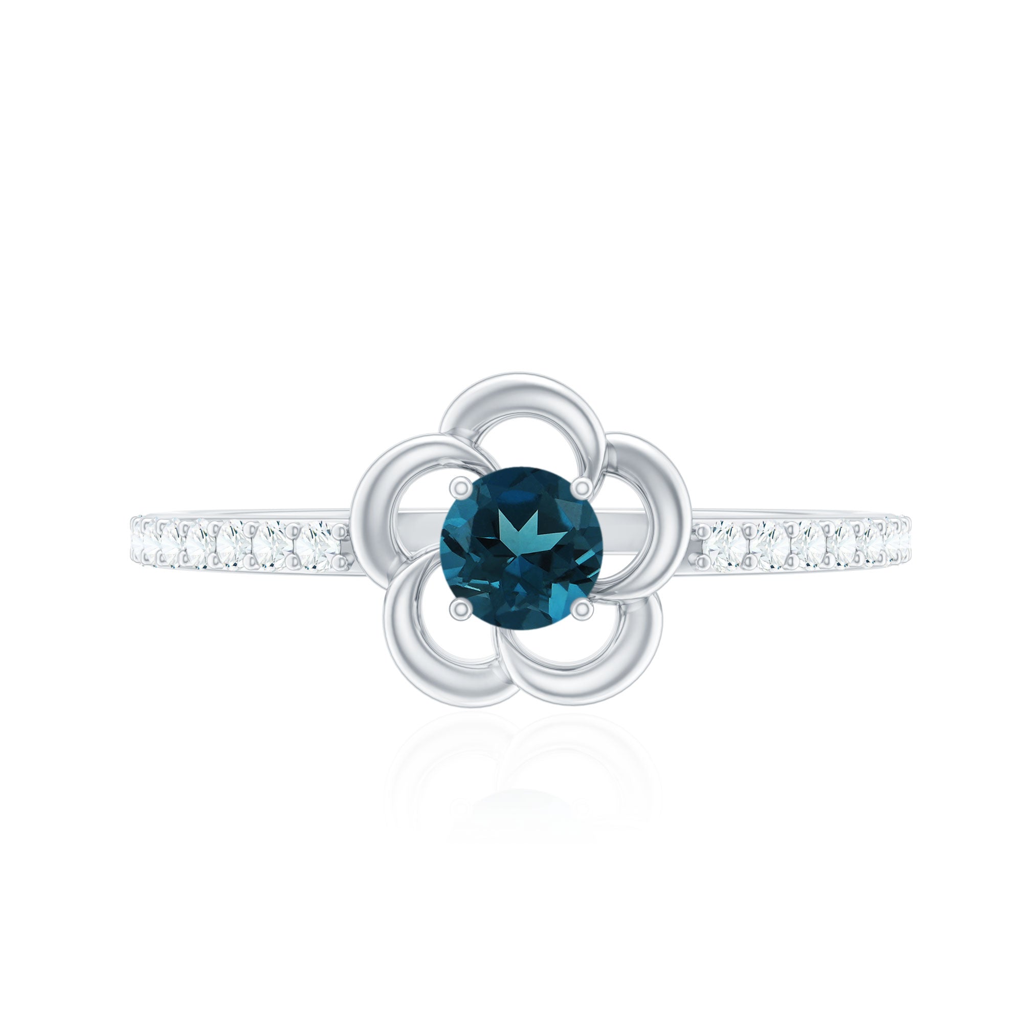 0.6 Carat Round London Blue Topaz Flower Promise Ring with Diamond