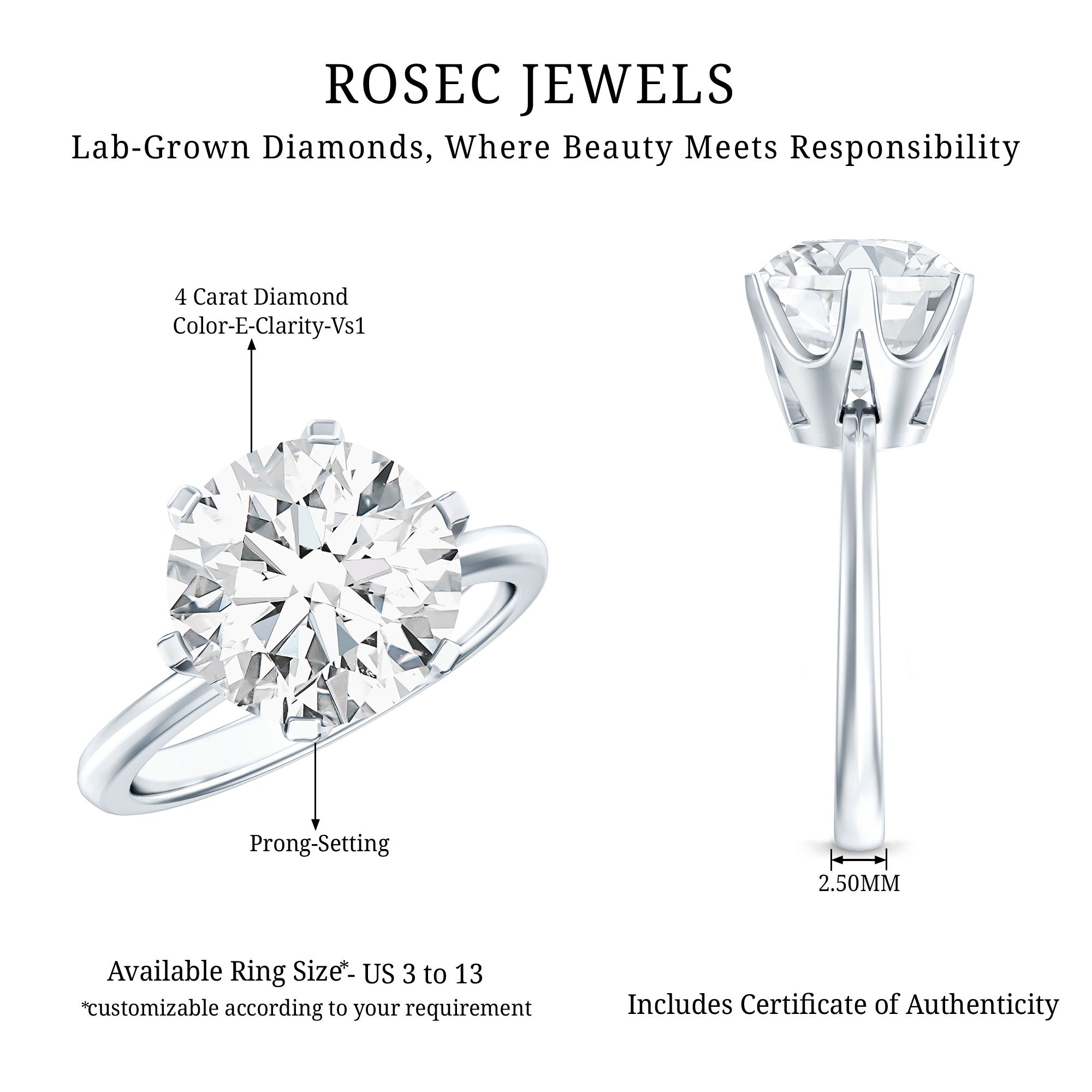 4 Carat Lab Created Diamond Solitaire Engagement Ring with IGI Certificate