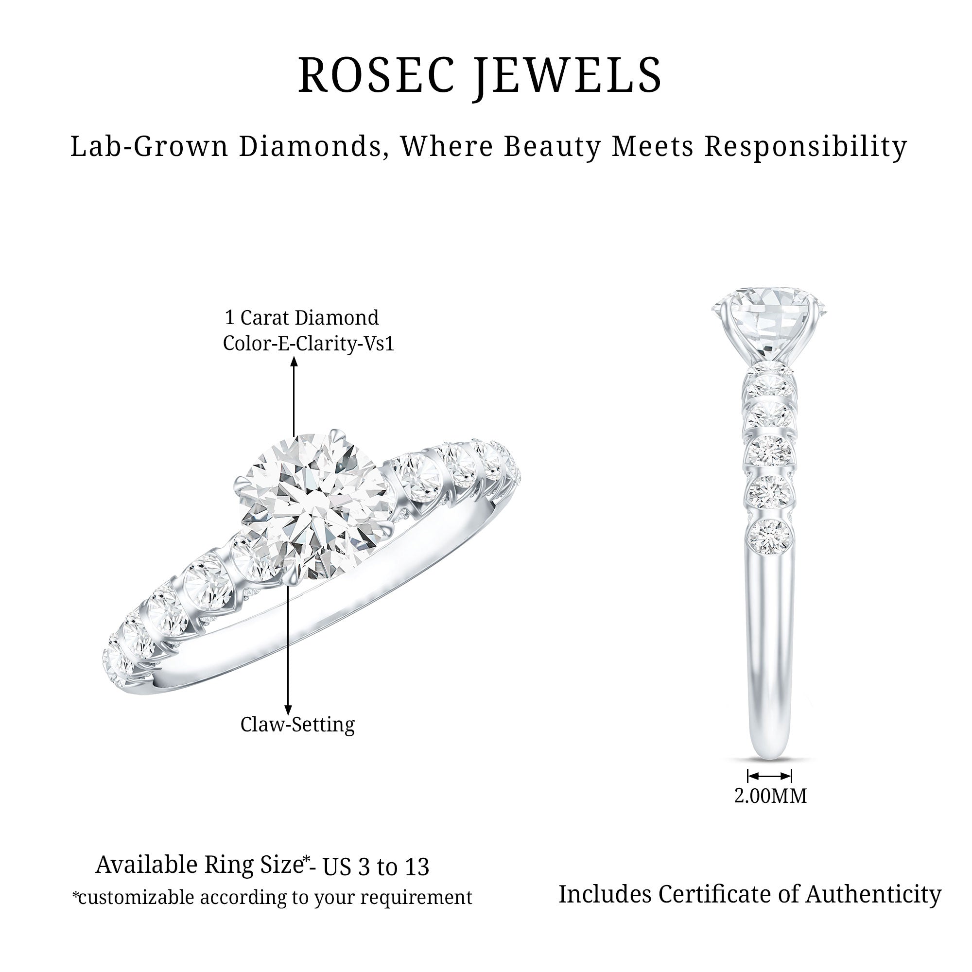 IGI Certified Round Lab Grown Diamond Side Stone Engagement Ring