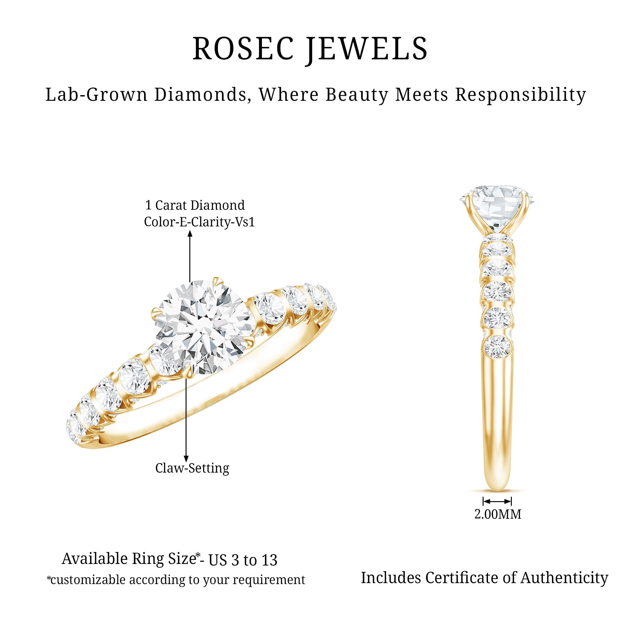 IGI Certified Round Lab Grown Diamond Side Stone Engagement Ring
