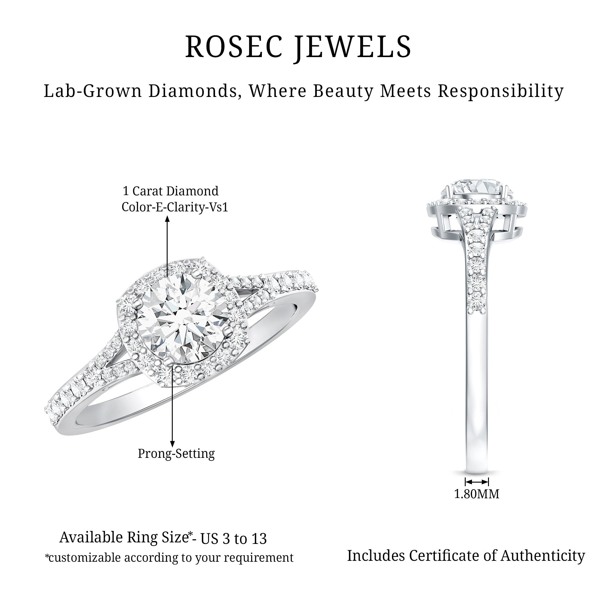 IGI Certified 1 Carat Lab Grown Diamond Halo Engagement Ring for Women