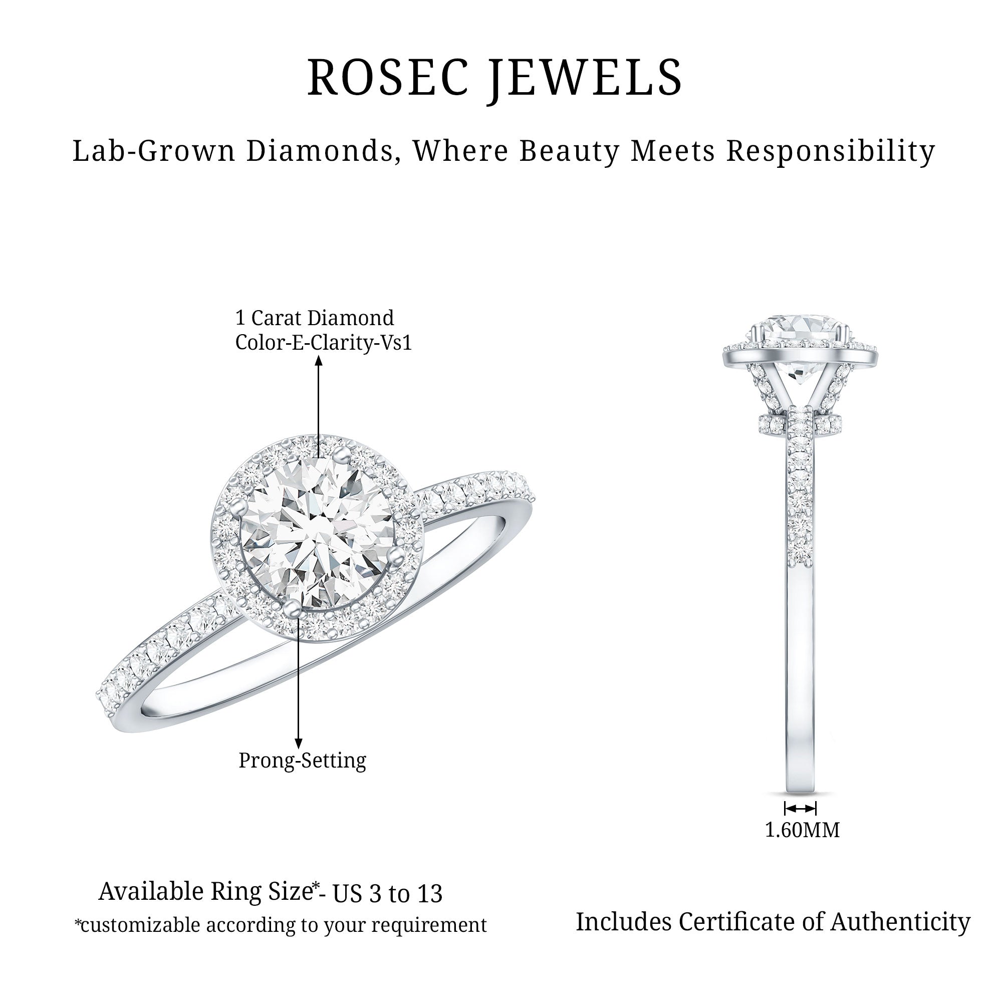 IGI Certified 1 CT Lab Grown Diamond Round Engagement Ring