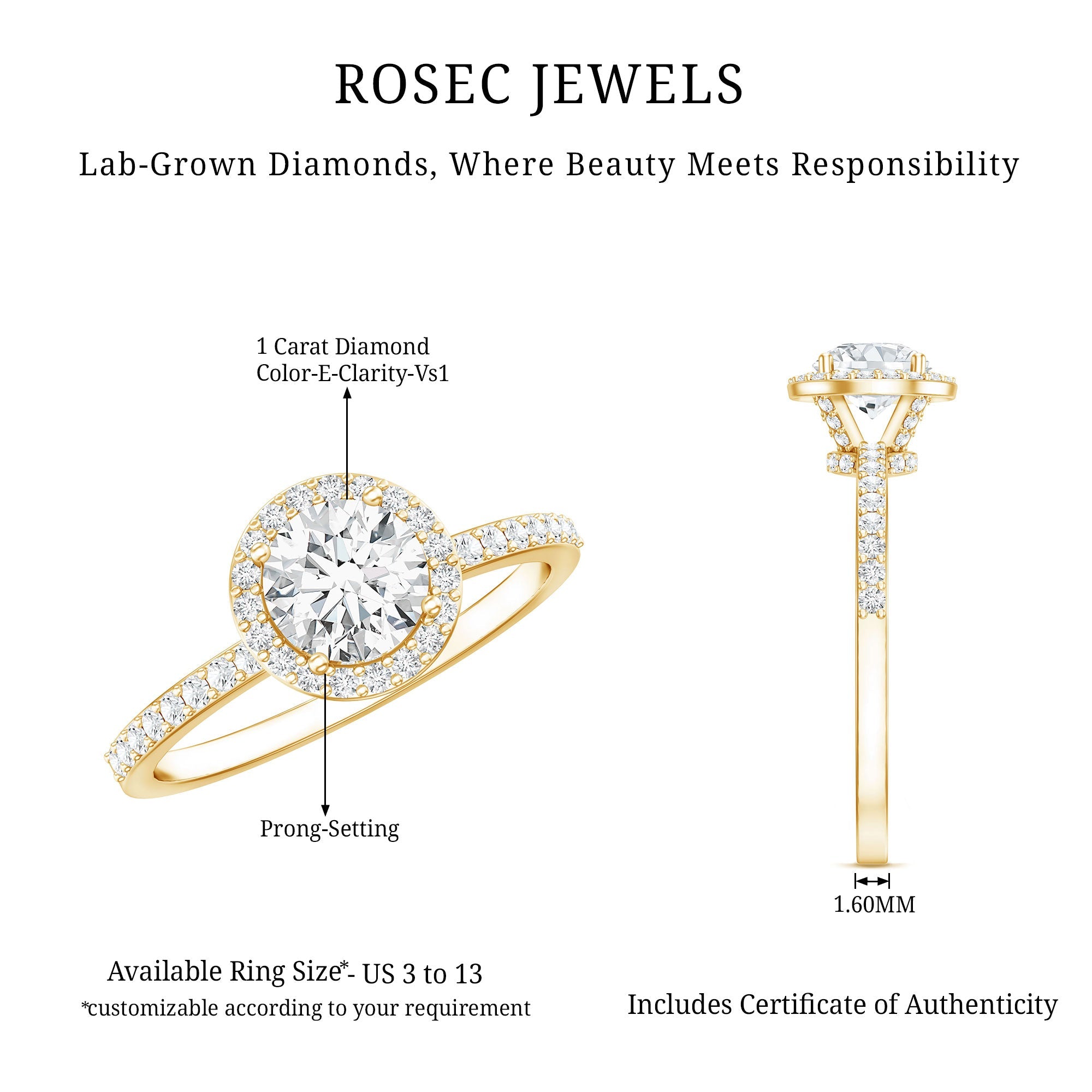 IGI Certified 1 CT Lab Grown Diamond Round Engagement Ring