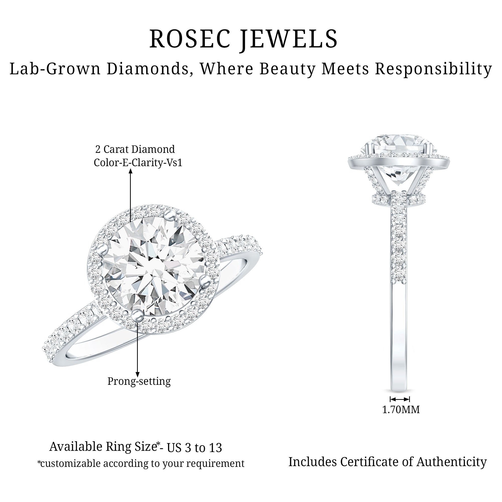 2 Carat Lab Grown Diamond Halo Engagement Ring with IGI Certificate
