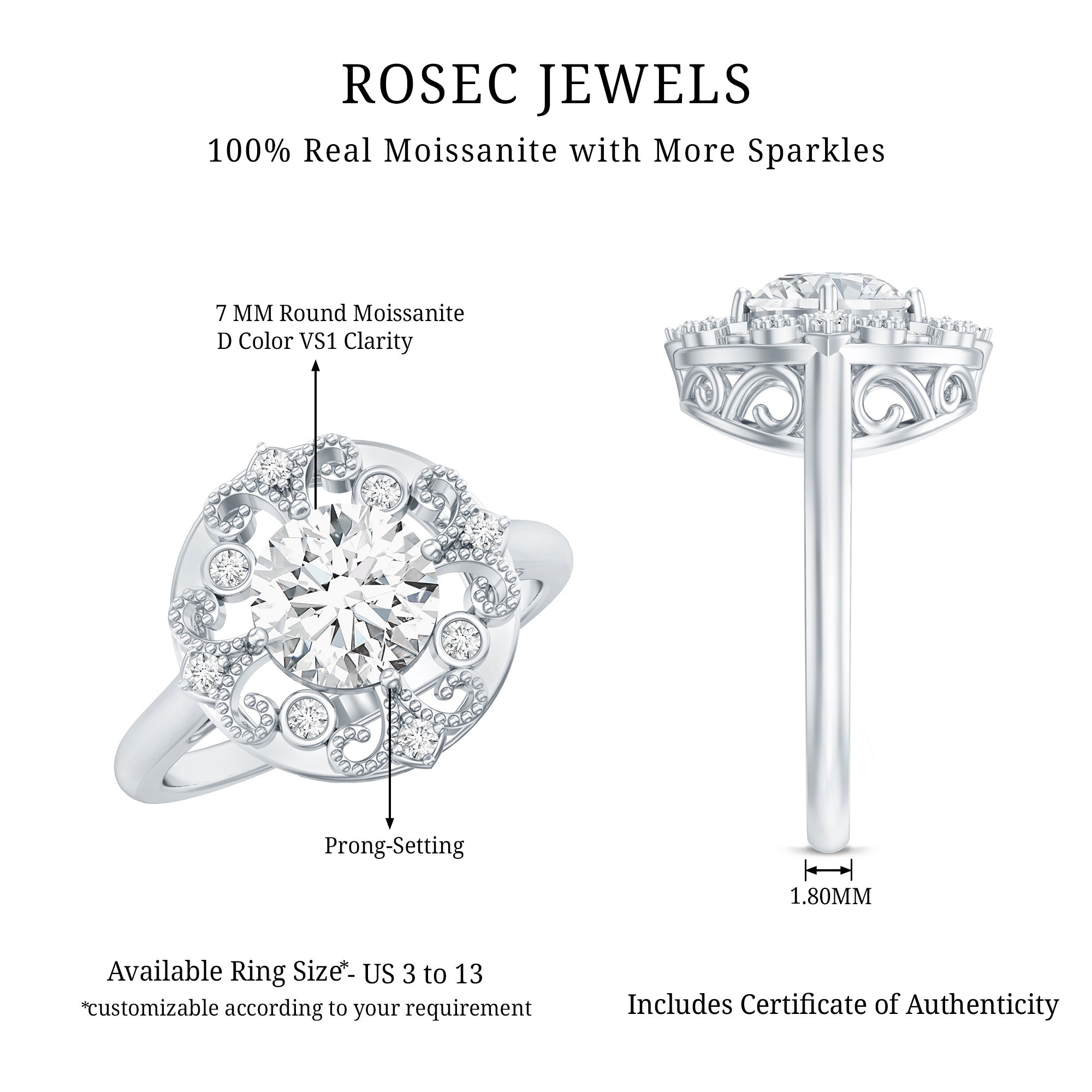 Moissanite Vintage Looking Engagement Ring with Certificate