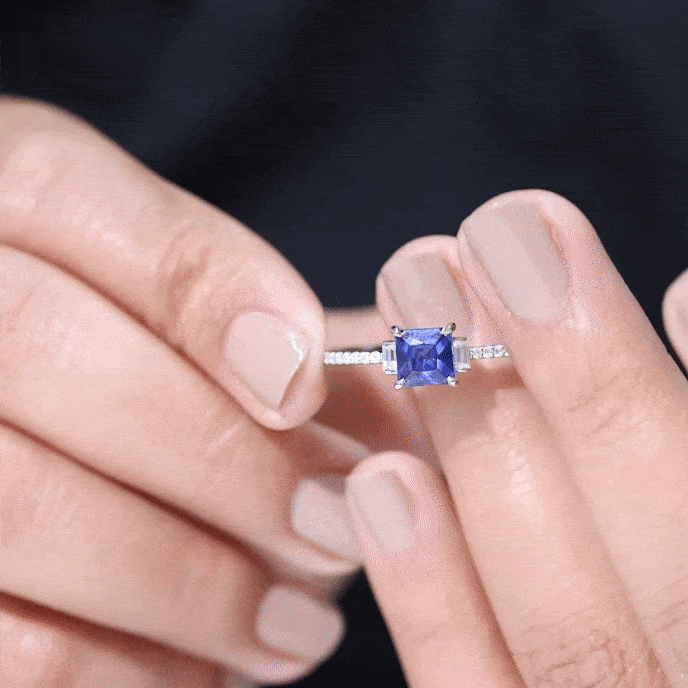 Certified 1.5 Carat Lab Blue Sapphire Princess Cut Engagement Ring with Diamond