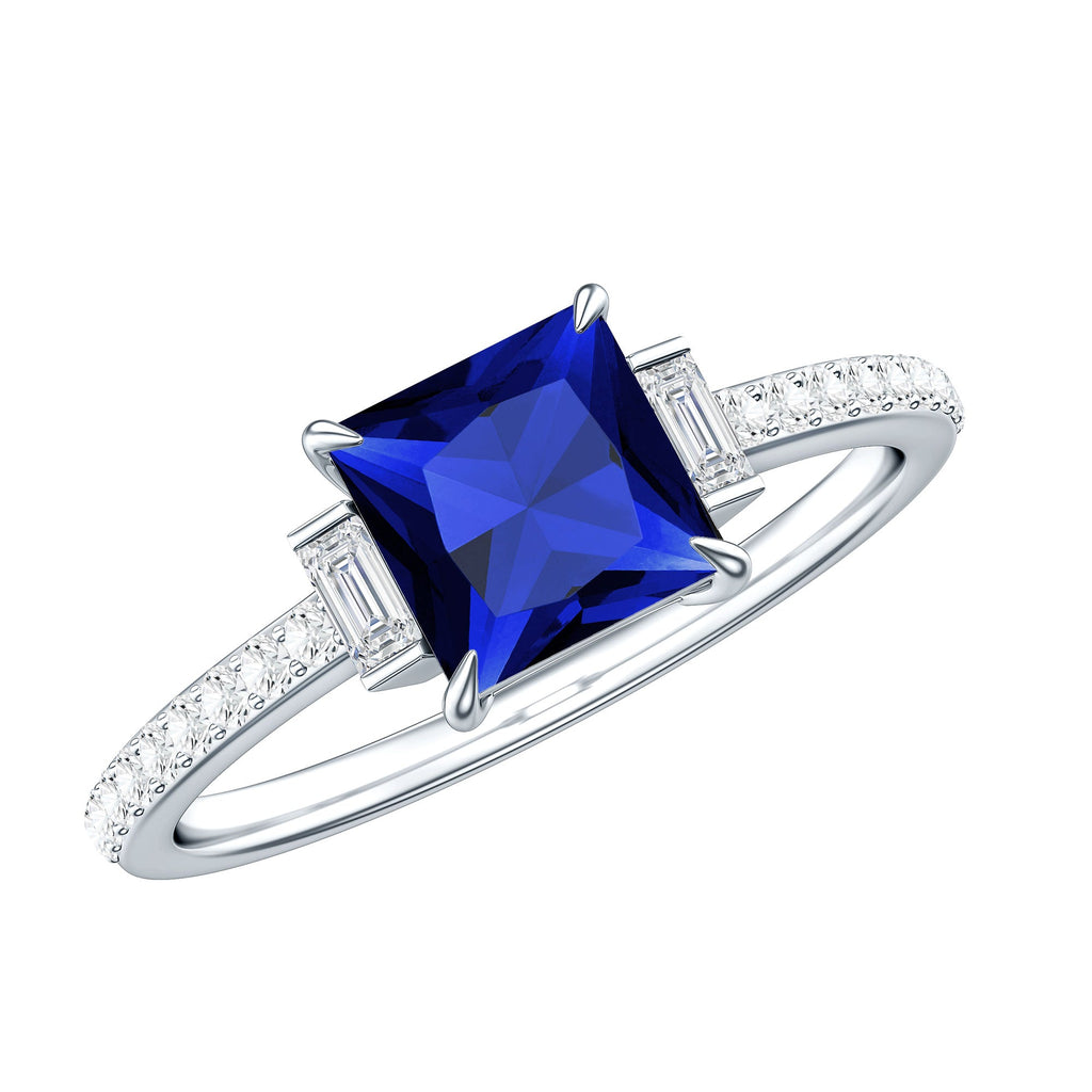 Certified 1.5 Carat Lab Blue Sapphire Princess Cut Engagement Ring with Diamond