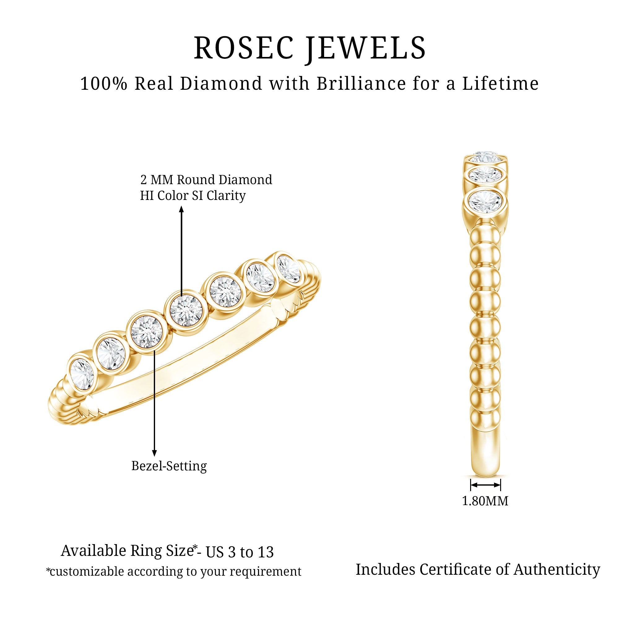 Bezel Set Round Diamond Half Eternity Ring