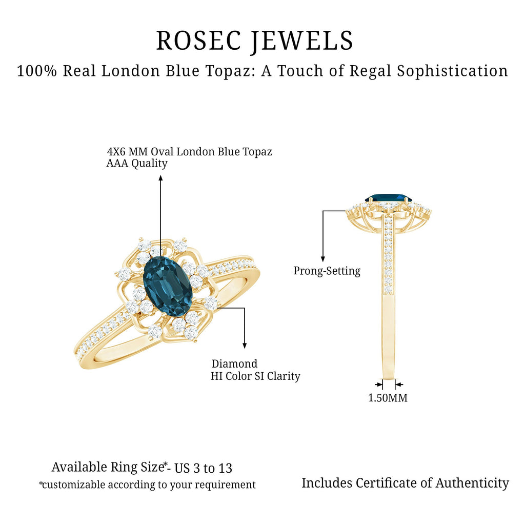 0.4 Carat Oval Cut London Blue Topaz Vintage Engagement Ring with Diamond