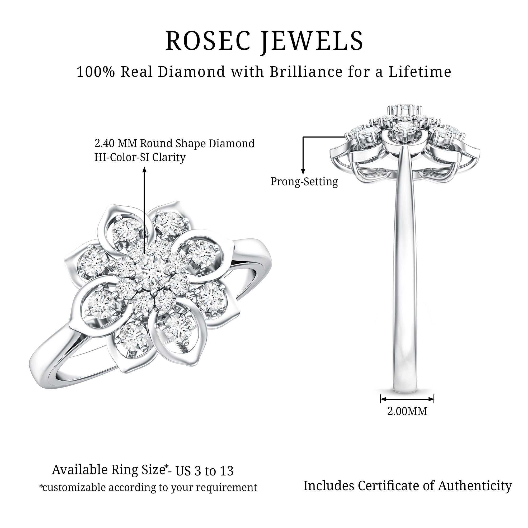 Certified Natural Diamond Flower Engagement Ring