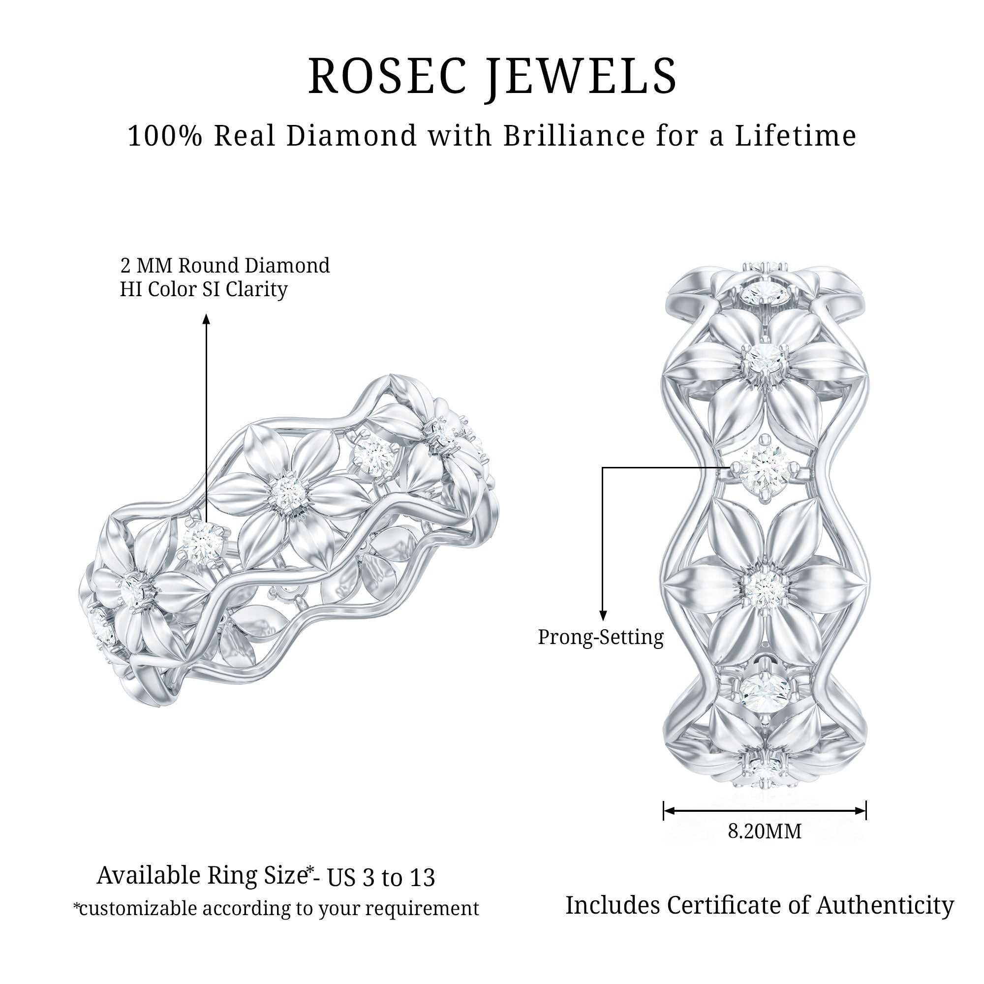 Natural Diamond Flower Wedding Band Ring With Certificate