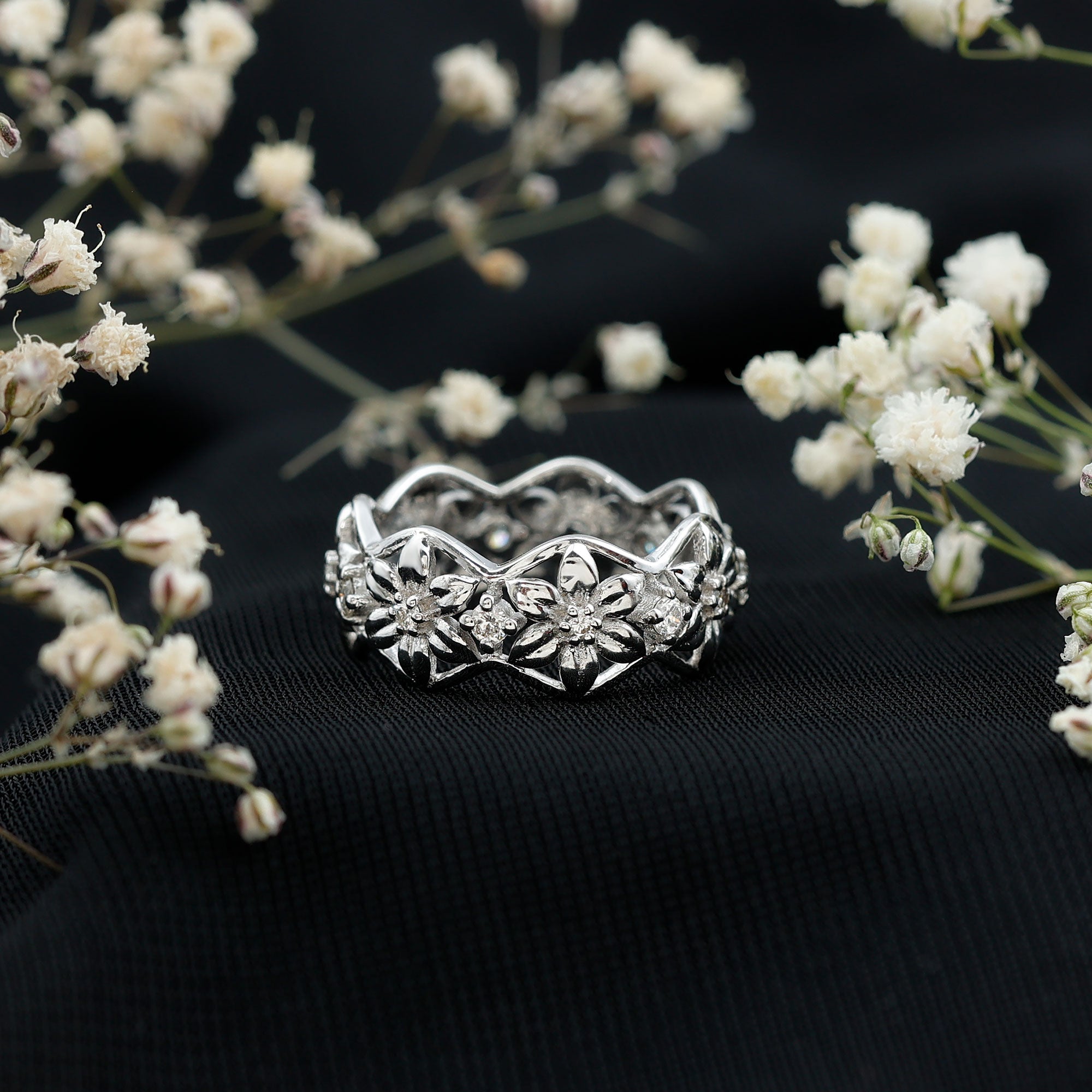 Natural Diamond Flower Wedding Band Ring With Certificate