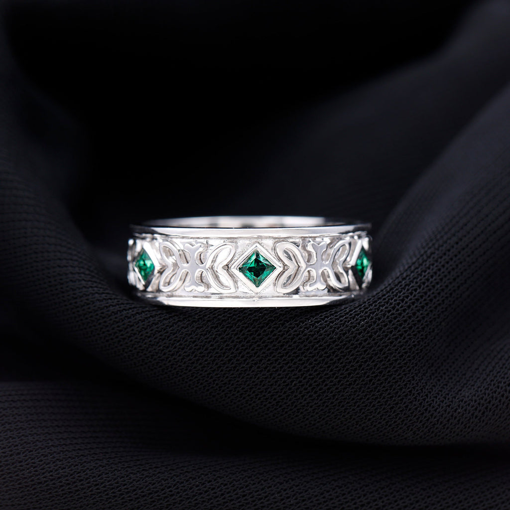Princess Cut Lab Created Emerald Vintage Inspired Wedding Band