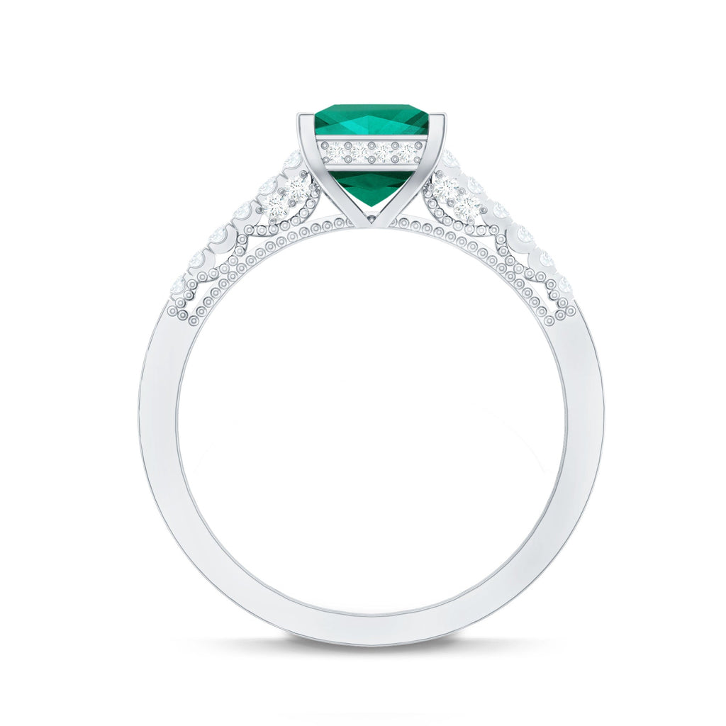 Princess Cut Lab Created Emerald Solitaire Ring with Diamond Side Stones