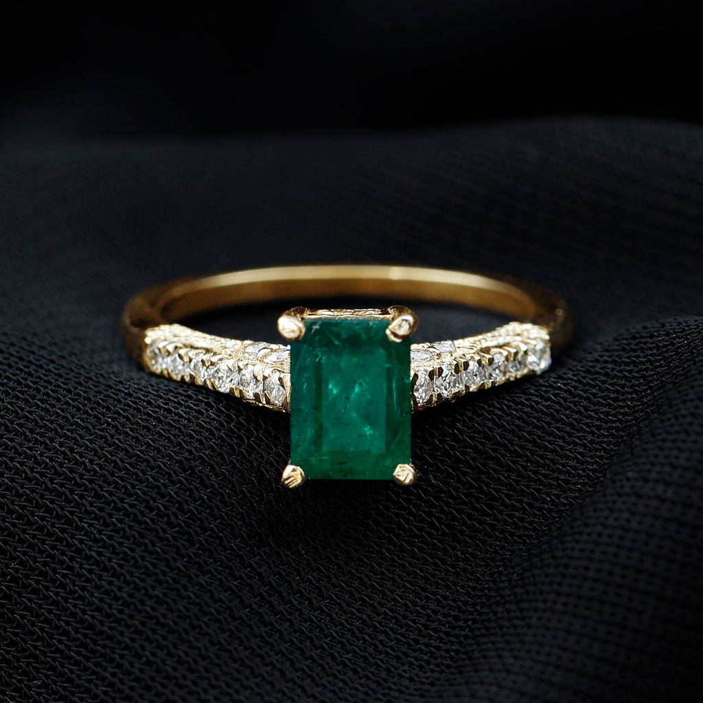 Vintage Inspired 1 Carat Emerald Cut Emerald Engagement Ring with Diamonds