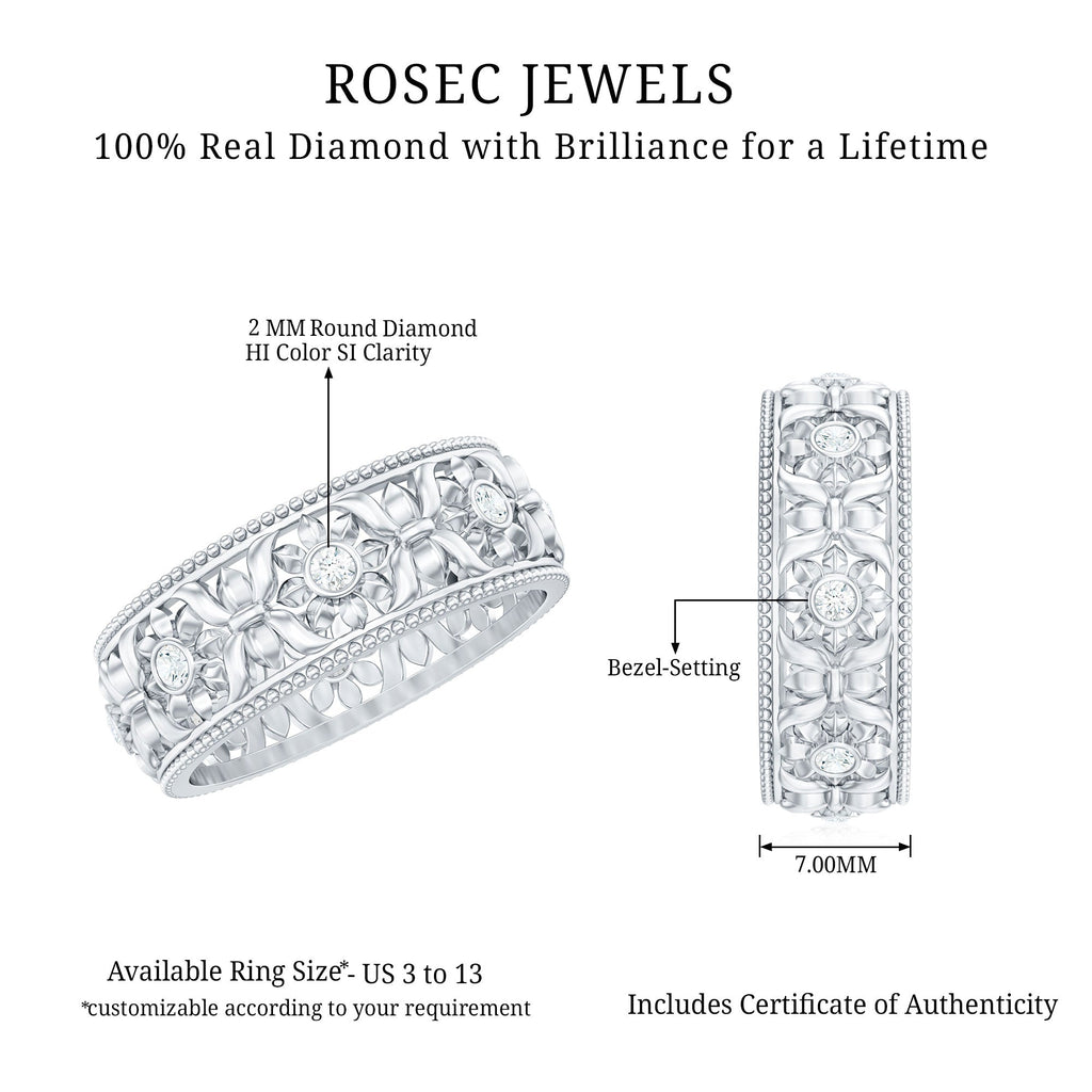 Bezel Set Diamond Flower Filigree Wedding Band