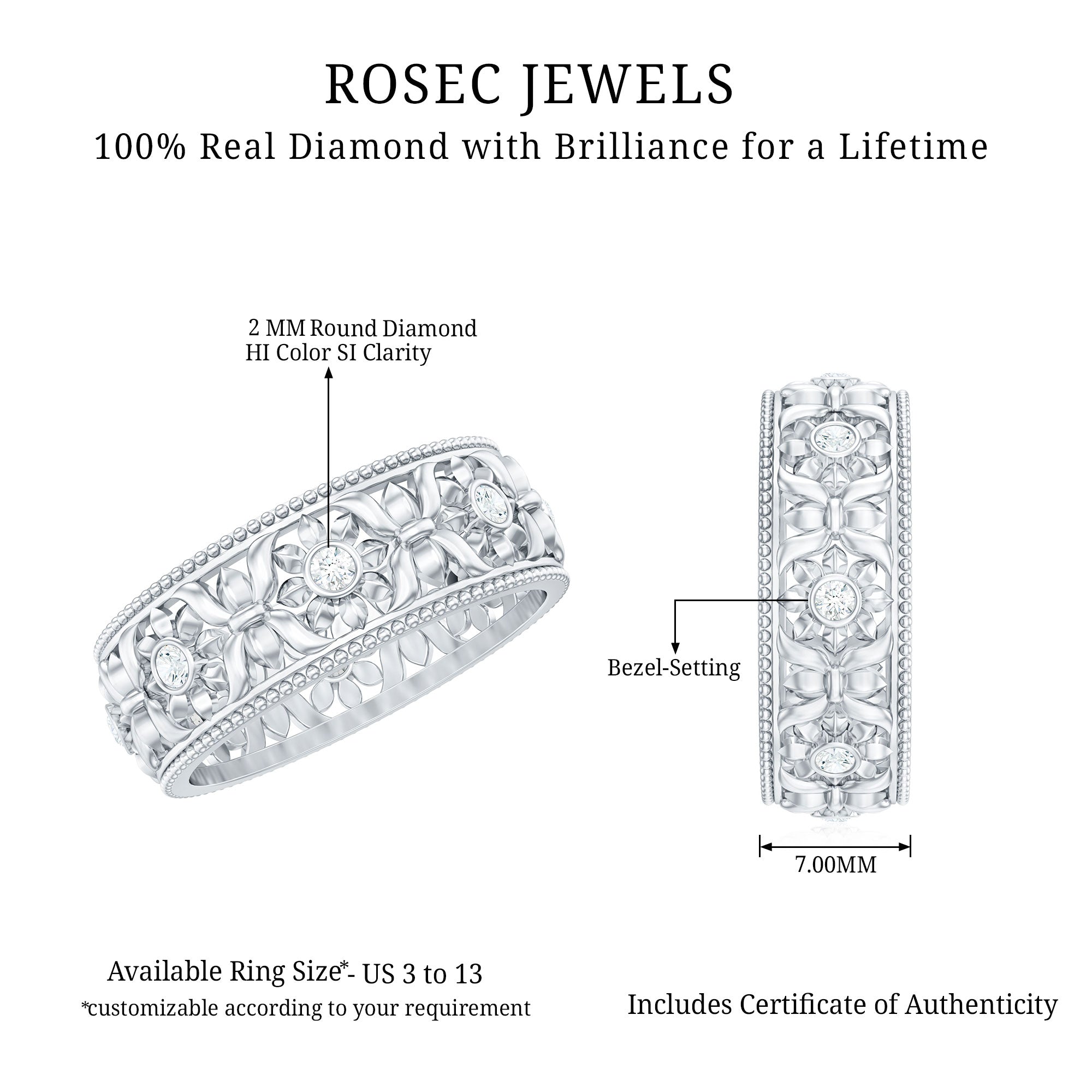 Bezel Set Diamond Flower Filigree Wedding Band