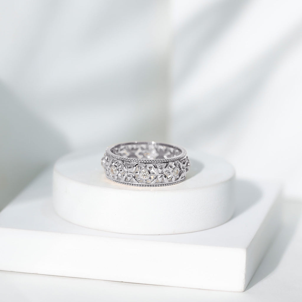 Bezel Set Diamond Flower Filigree Wedding Band
