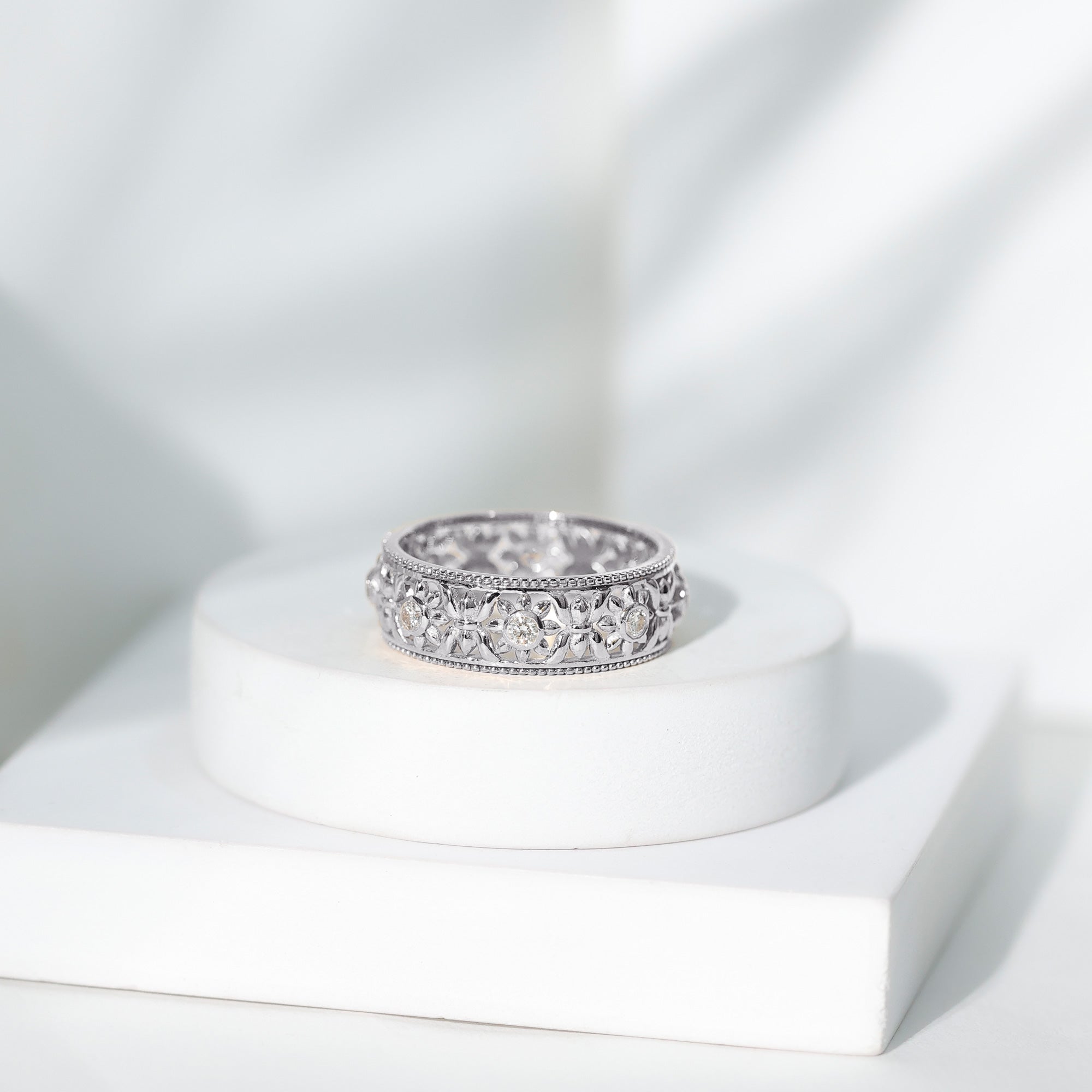 Bezel Set Diamond Flower Filigree Wedding Band