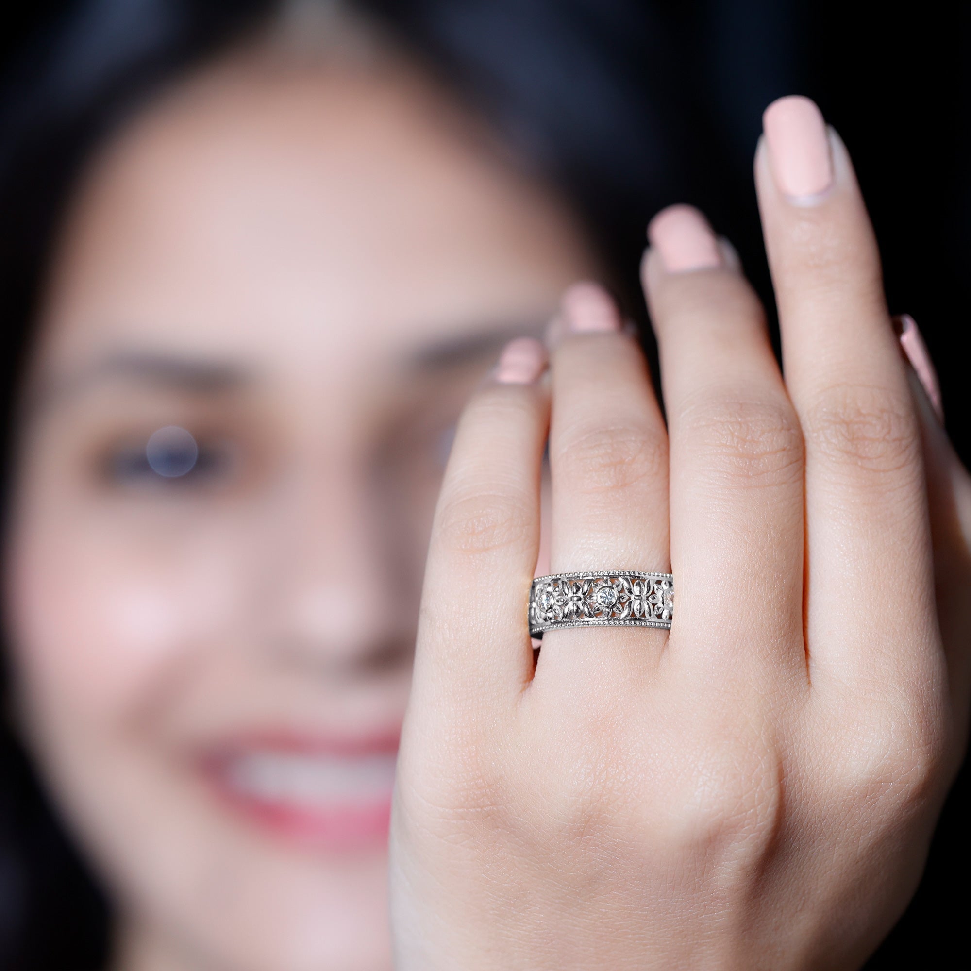 Bezel Set Diamond Flower Filigree Wedding Band