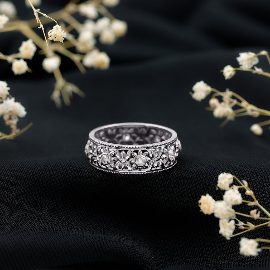 Bezel Set Diamond Flower Filigree Wedding Band