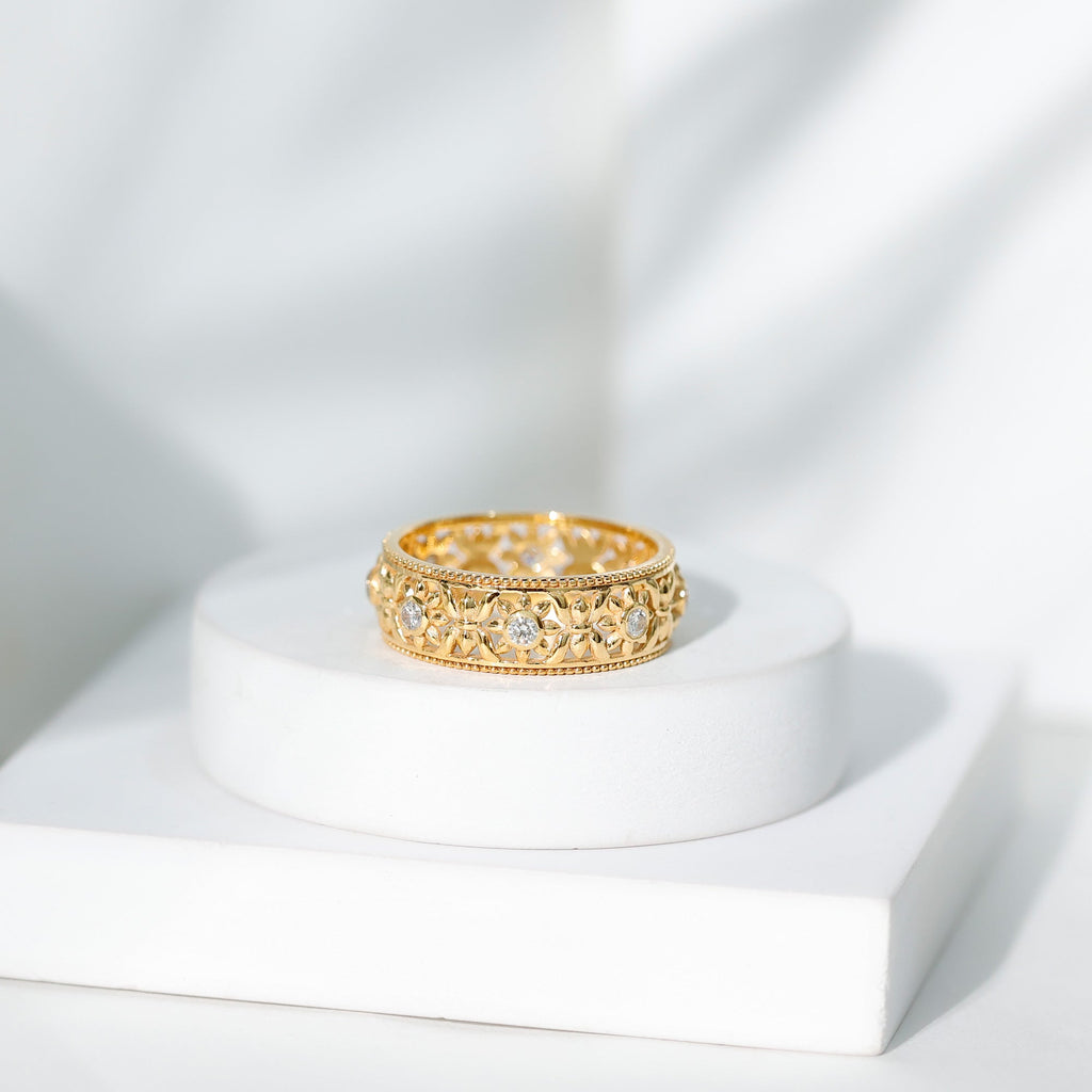 Bezel Set Diamond Flower Filigree Wedding Band