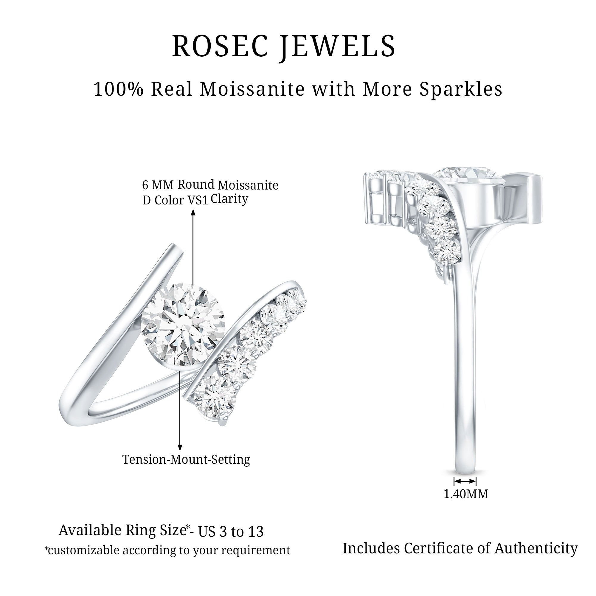 0.9 Carat Certified Round Moissanite Bypass Engagement Ring