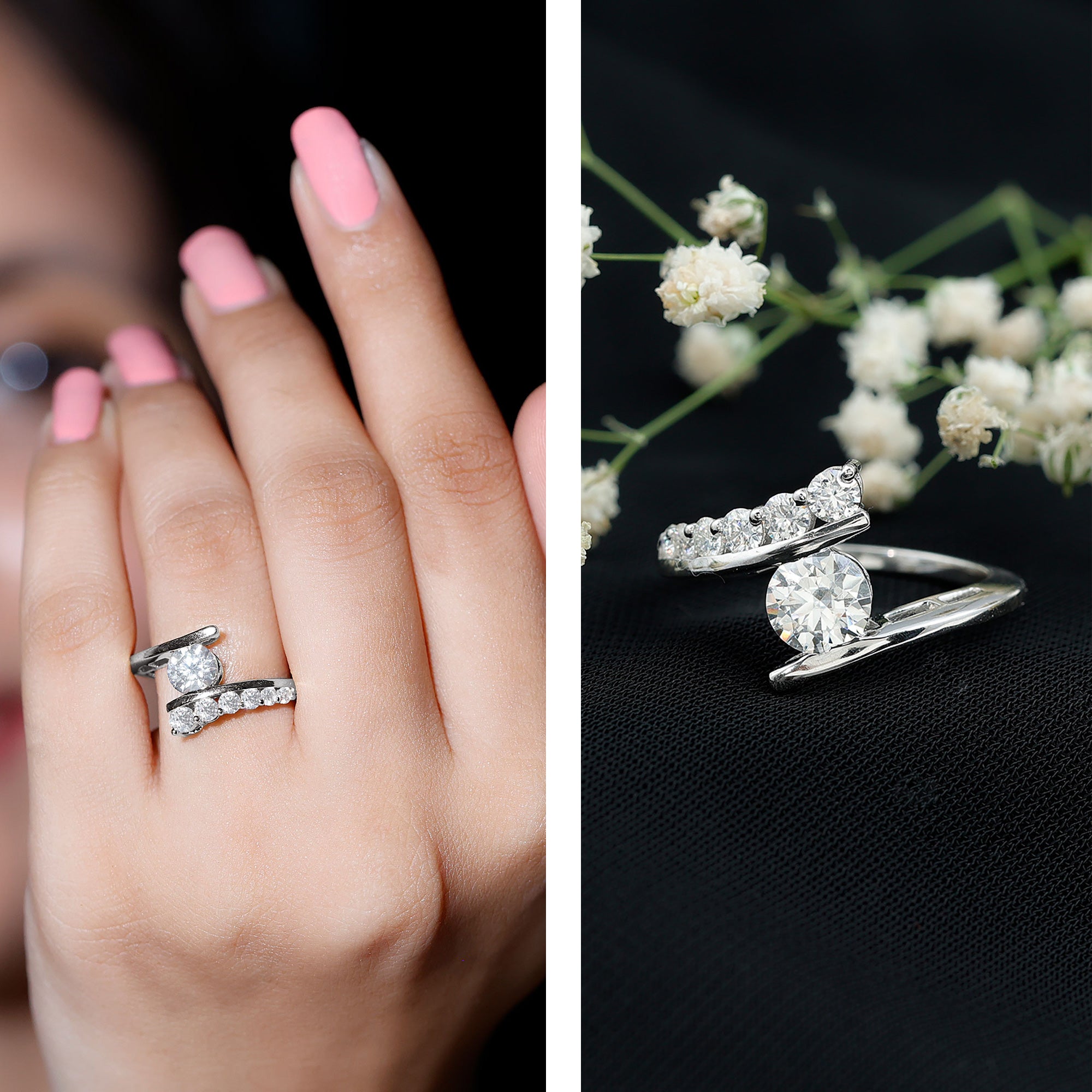 0.9 Carat Certified Round Moissanite Bypass Engagement Ring