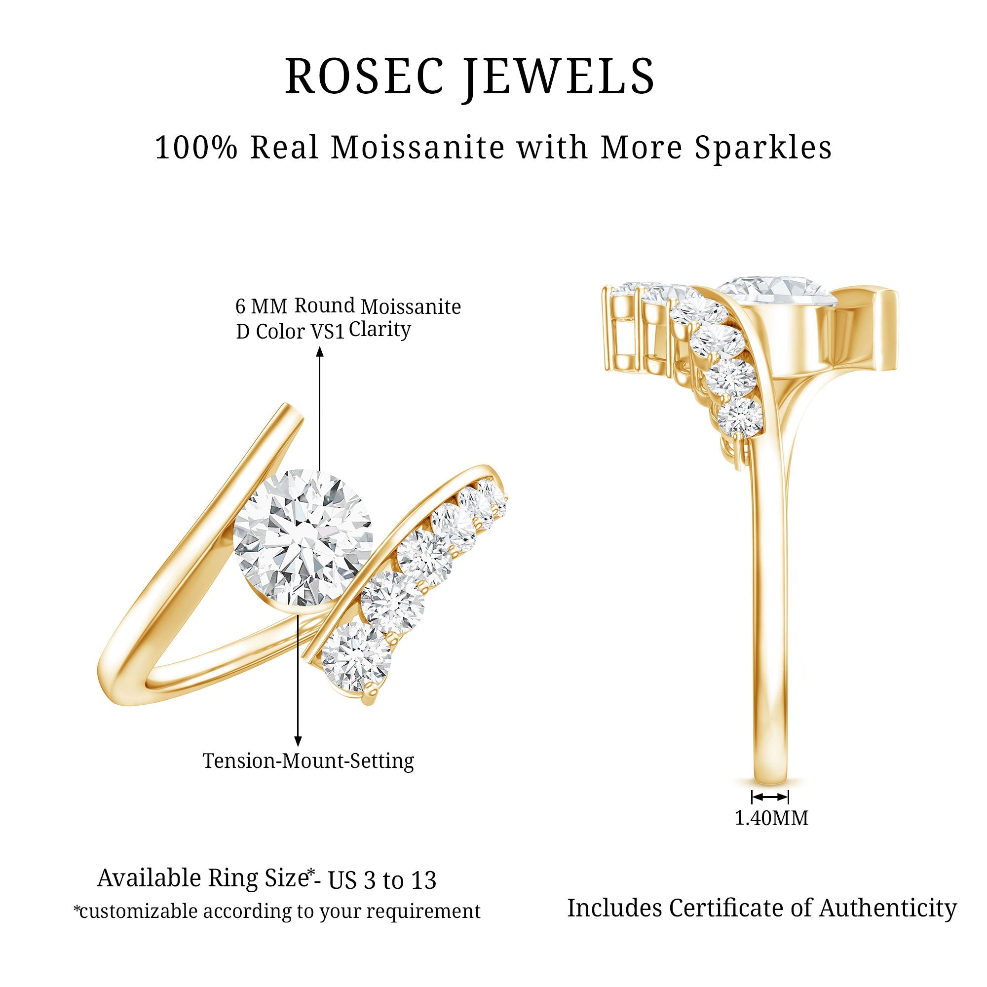0.9 Carat Certified Round Moissanite Bypass Engagement Ring