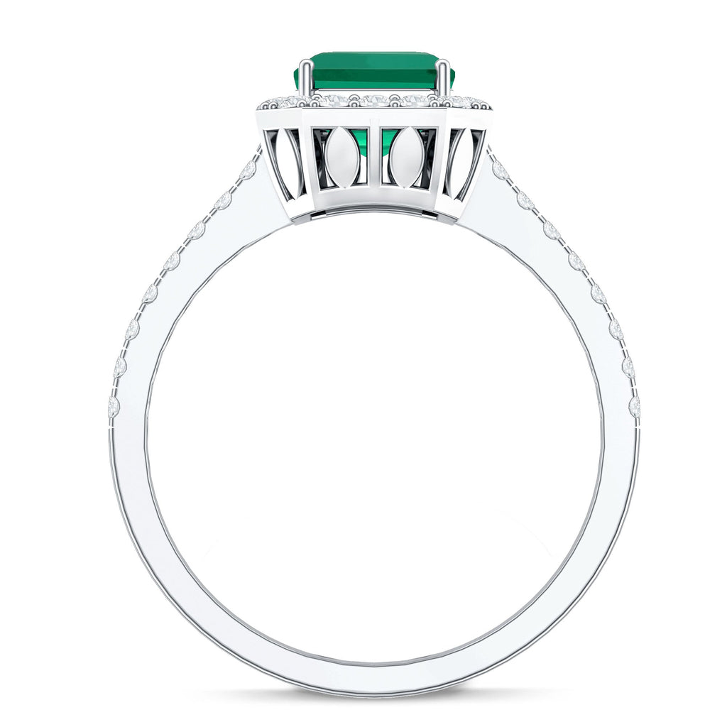 Lab Grown Emerald Halo Engagement Ring With Real Diamond