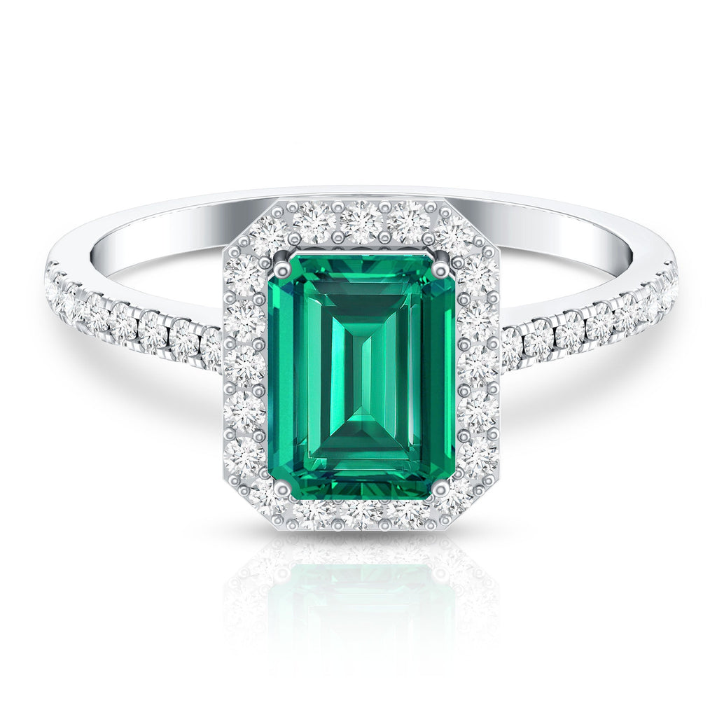 Lab Grown Emerald Halo Engagement Ring With Real Diamond