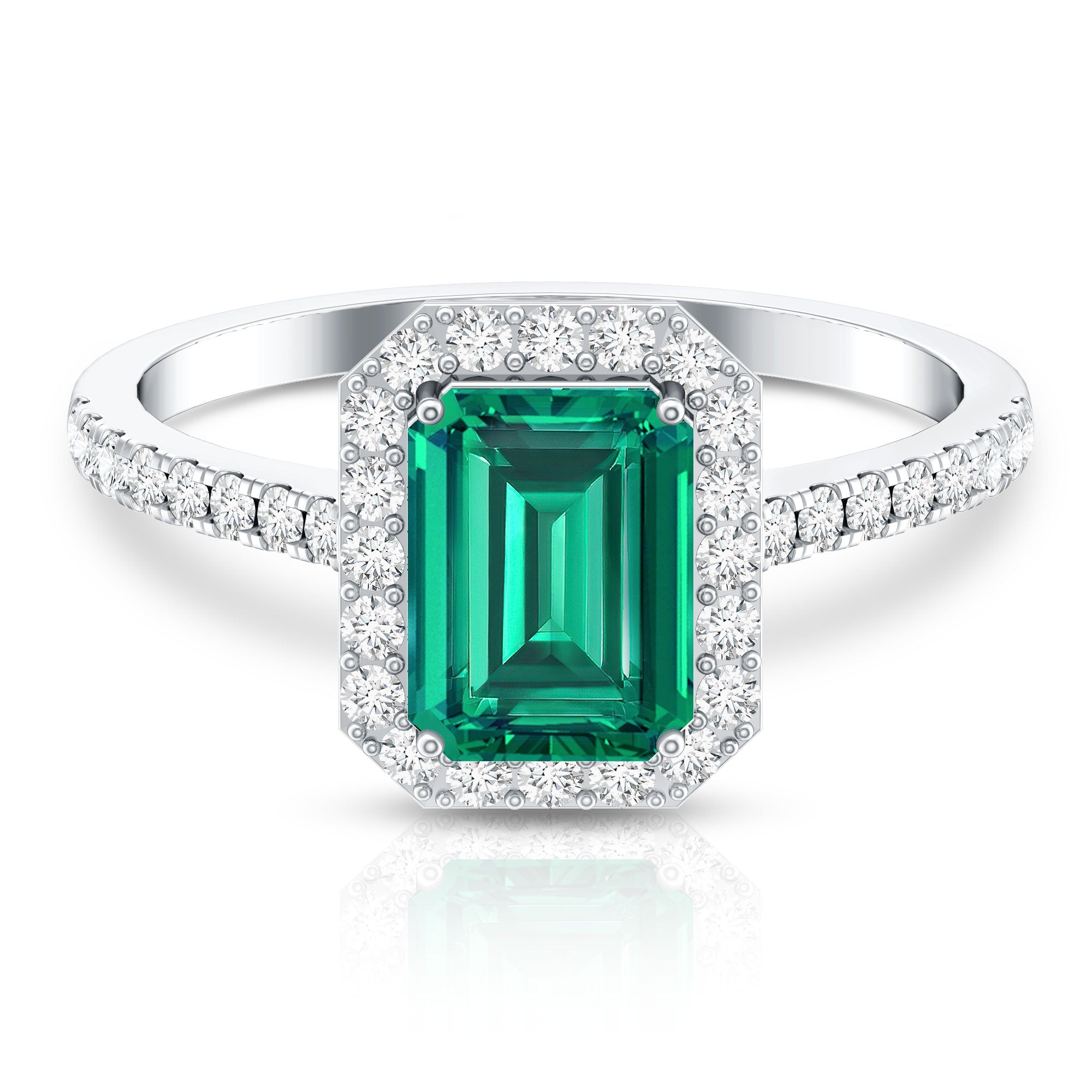 Lab Grown Emerald Halo Engagement Ring With Real Diamond
