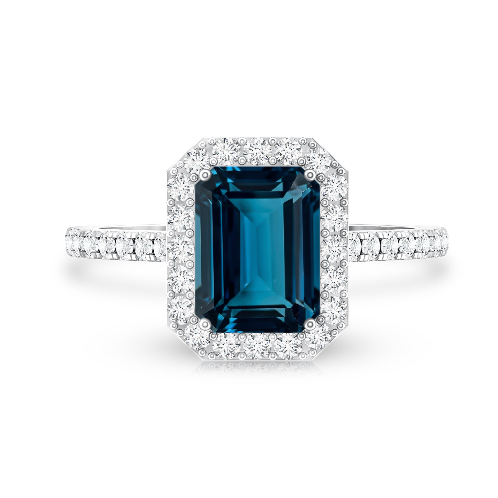 2.2 Carat Emerald Cut London Blue Topaz Engagement Ring with Diamond Halo