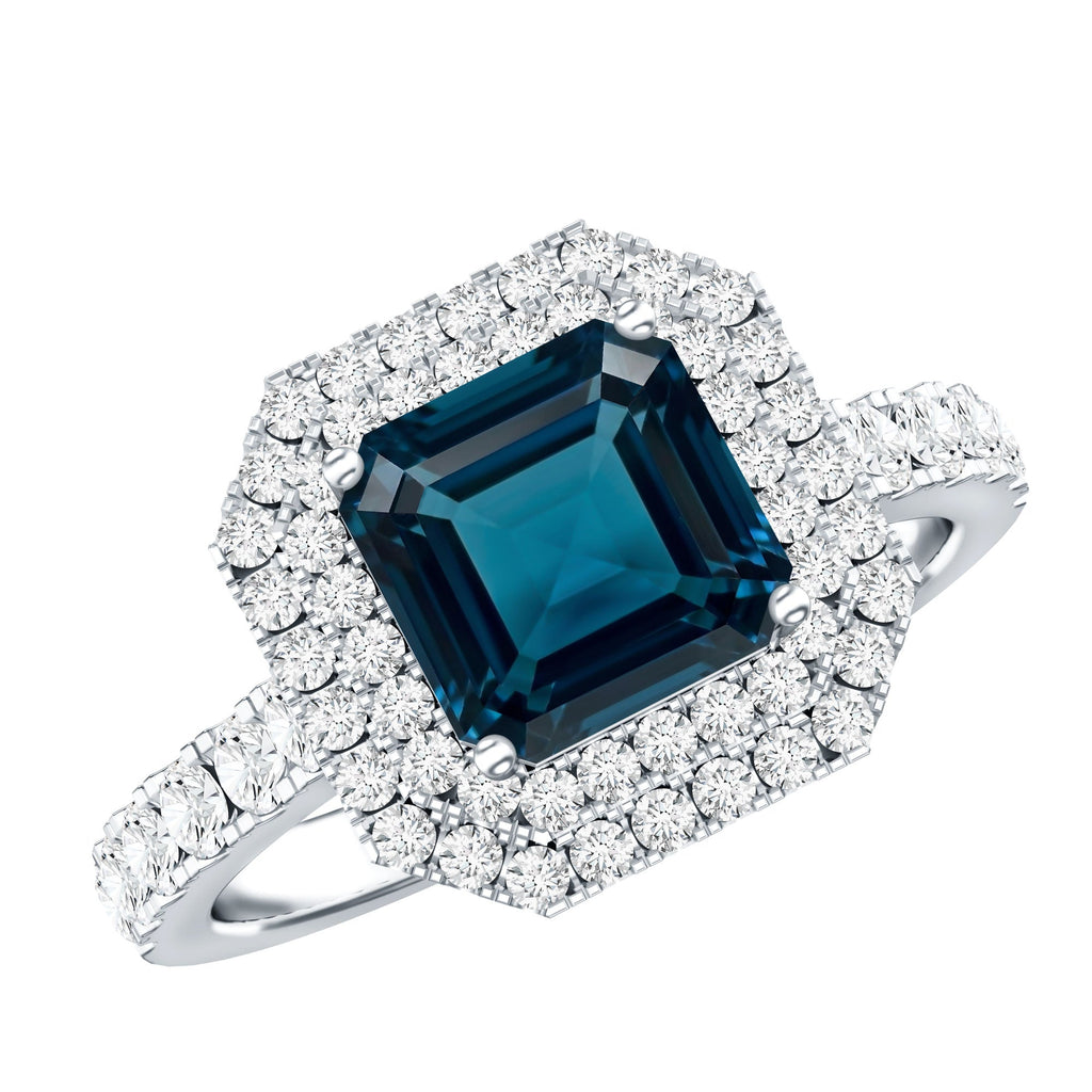 3 Carat Asscher Cut London Blue Topaz Engagement Ring with Double Halo