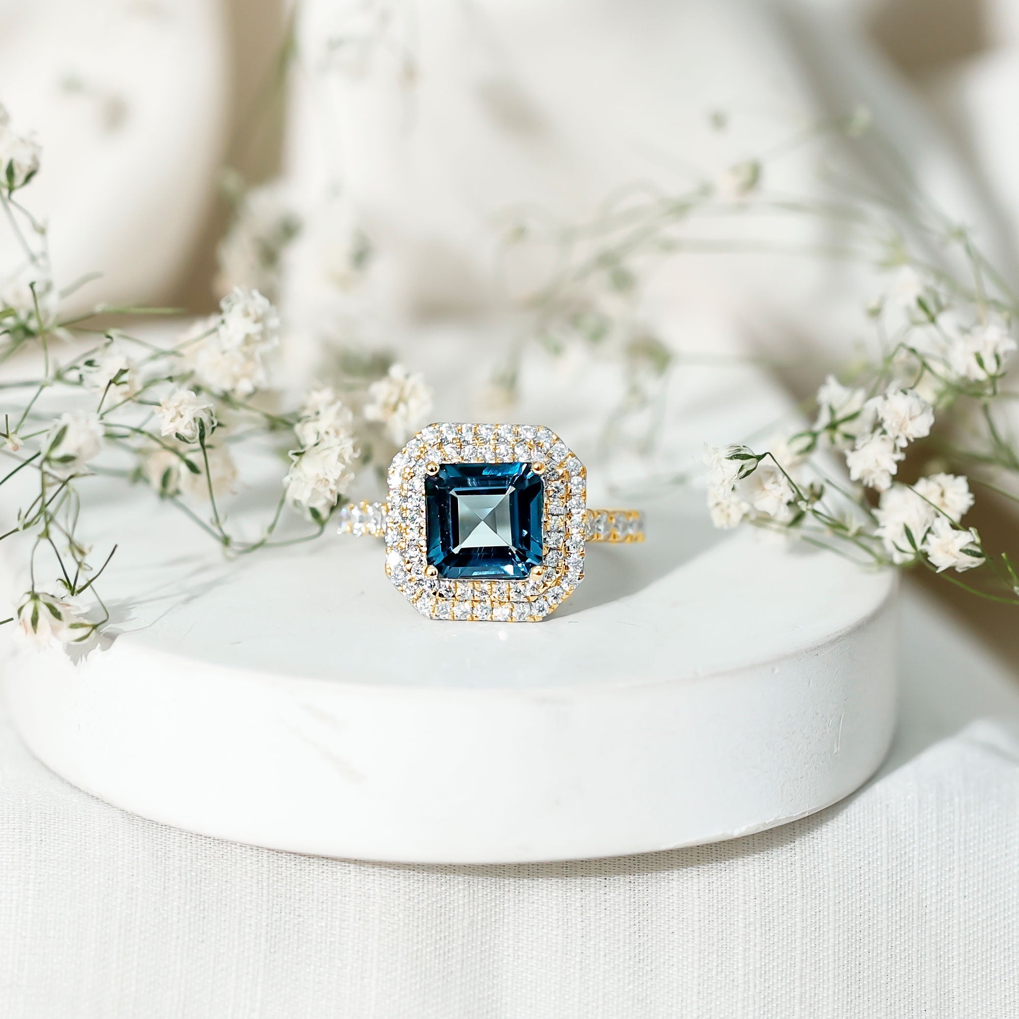 3 Carat Asscher Cut London Blue Topaz Engagement Ring with Double Halo