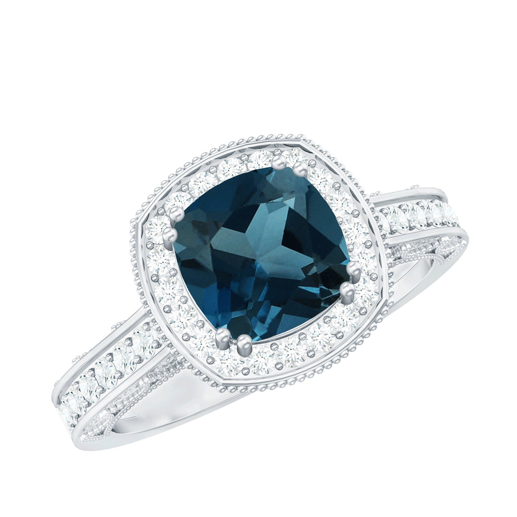 2.8 Carat Cushion Cut London Blue Topaz Vintage Inspired Ring with Diamond Halo