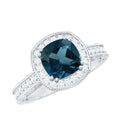 2.8 Carat Cushion Cut London Blue Topaz Vintage Inspired Ring with Diamond Halo